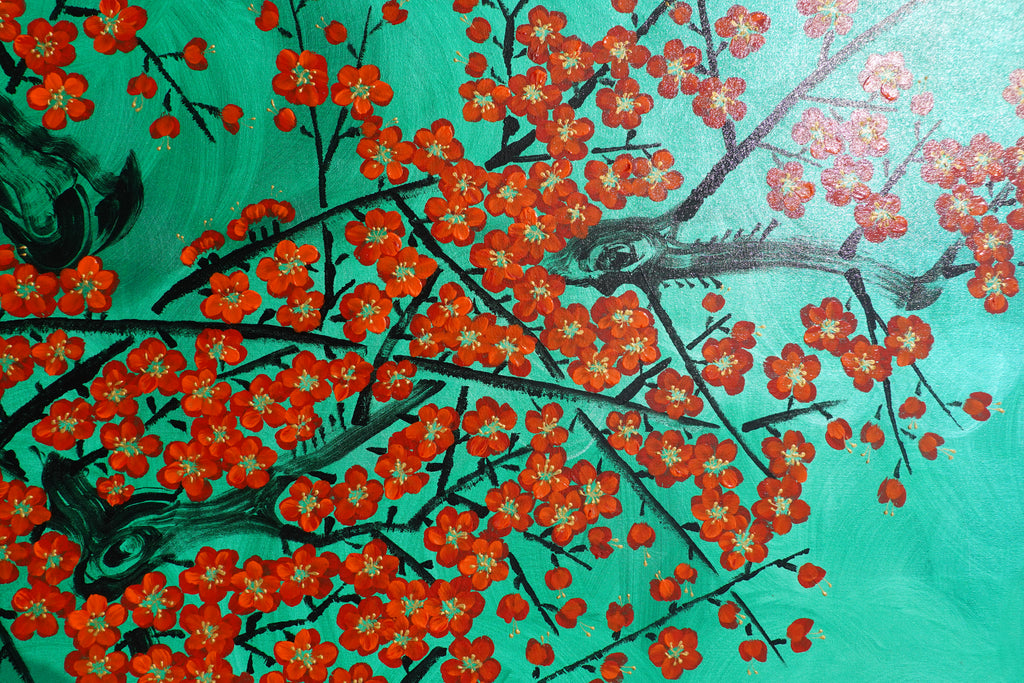 Crane and Sakura J510 — emerald Japanese Painting | Large Acrylic on Canvas | Ksavera