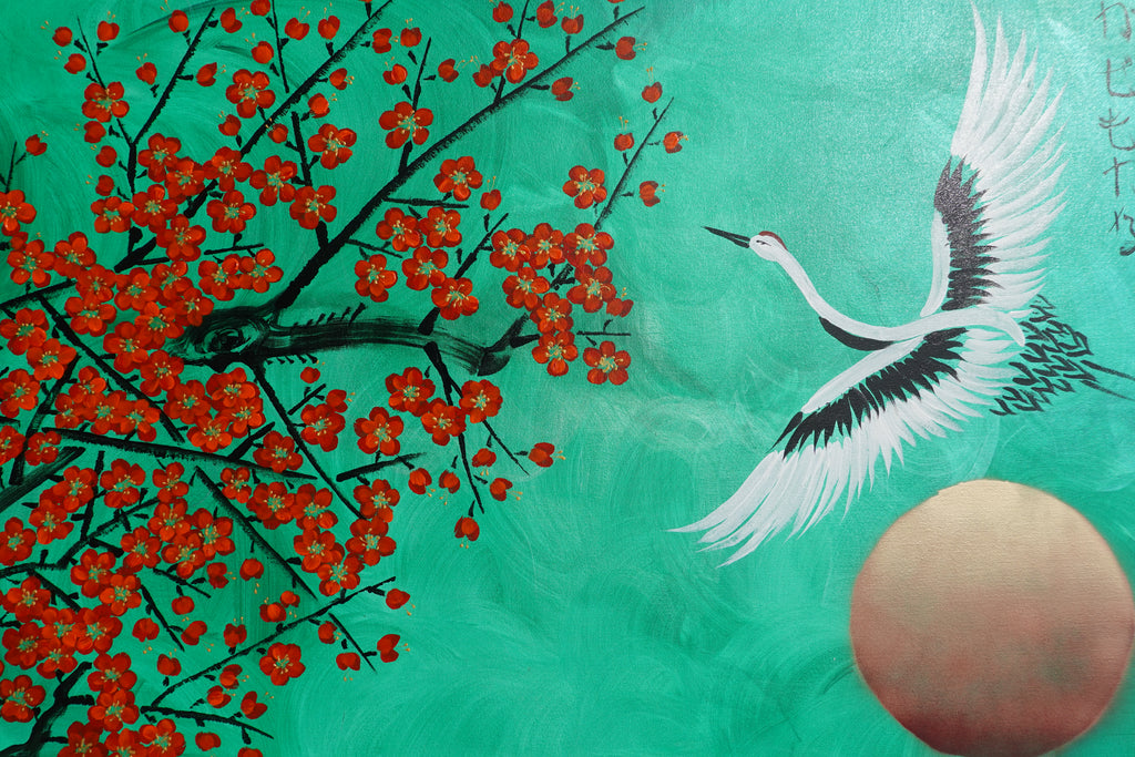 Crane and Sakura J510 — emerald Japanese Painting | Large Acrylic on Canvas | Ksavera