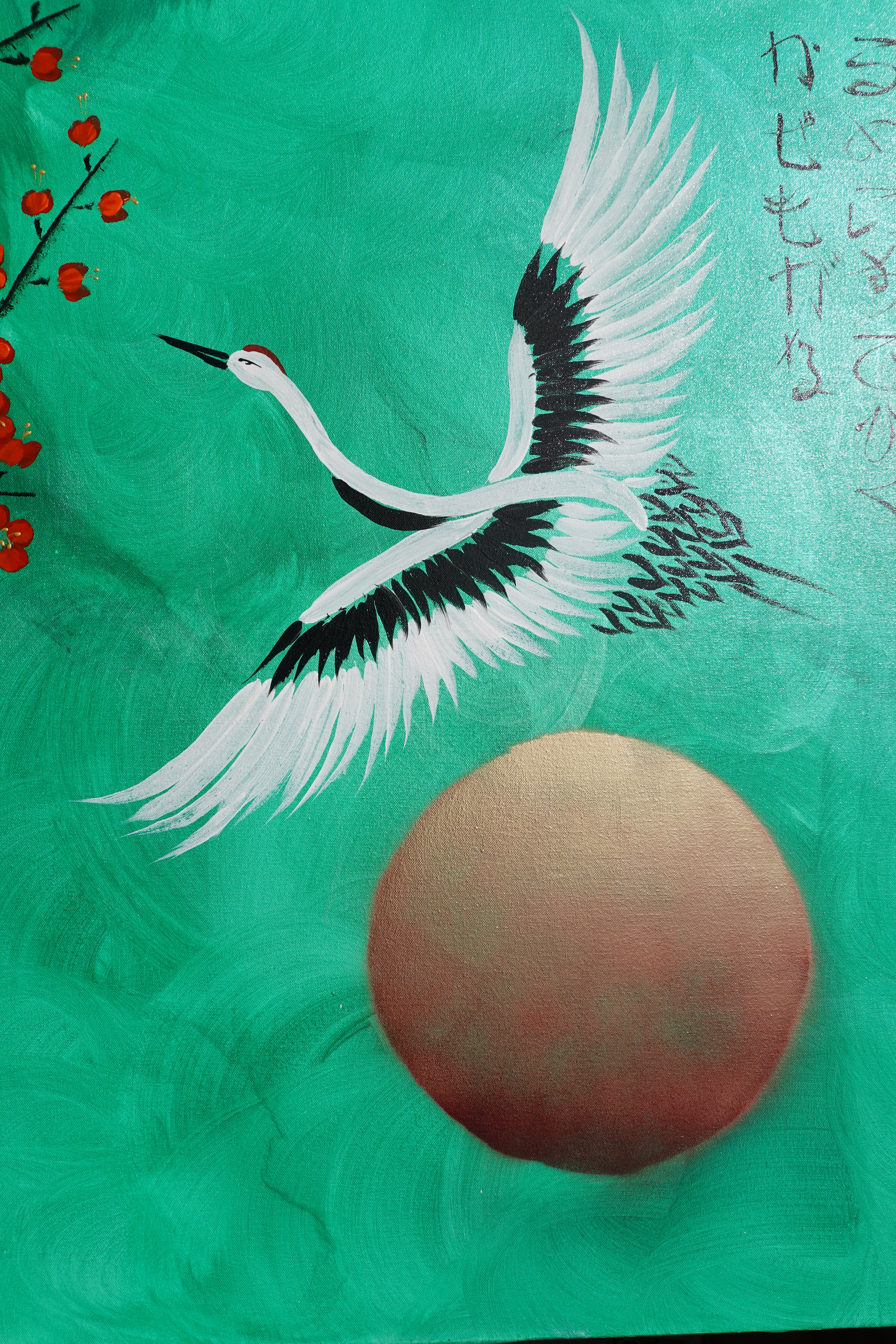 Crane and Sakura J510 — emerald Japanese Painting | Large Acrylic on Canvas | Ksavera