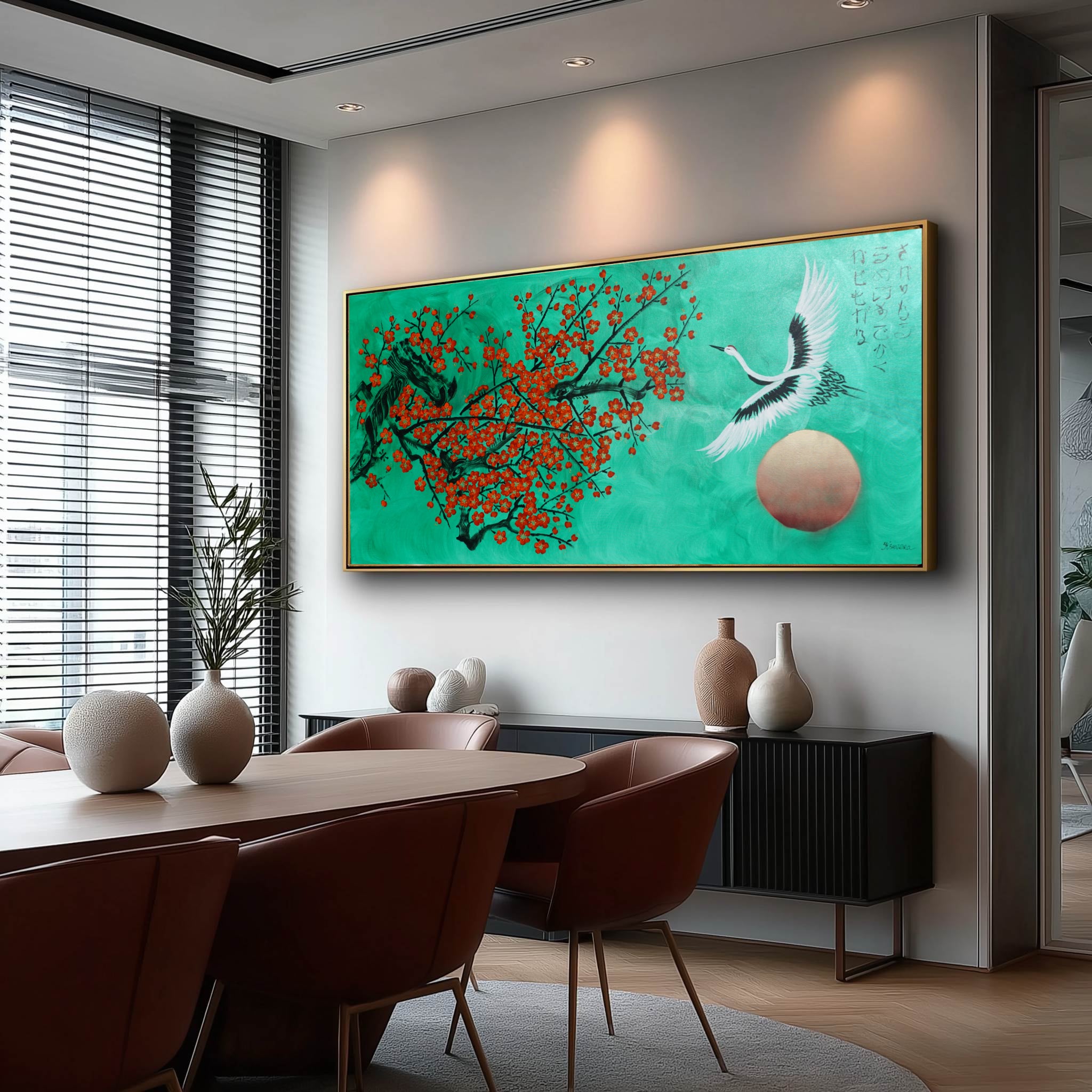 Crane and Sakura J510 — emerald Japanese Painting | Large Acrylic on Canvas | Ksavera