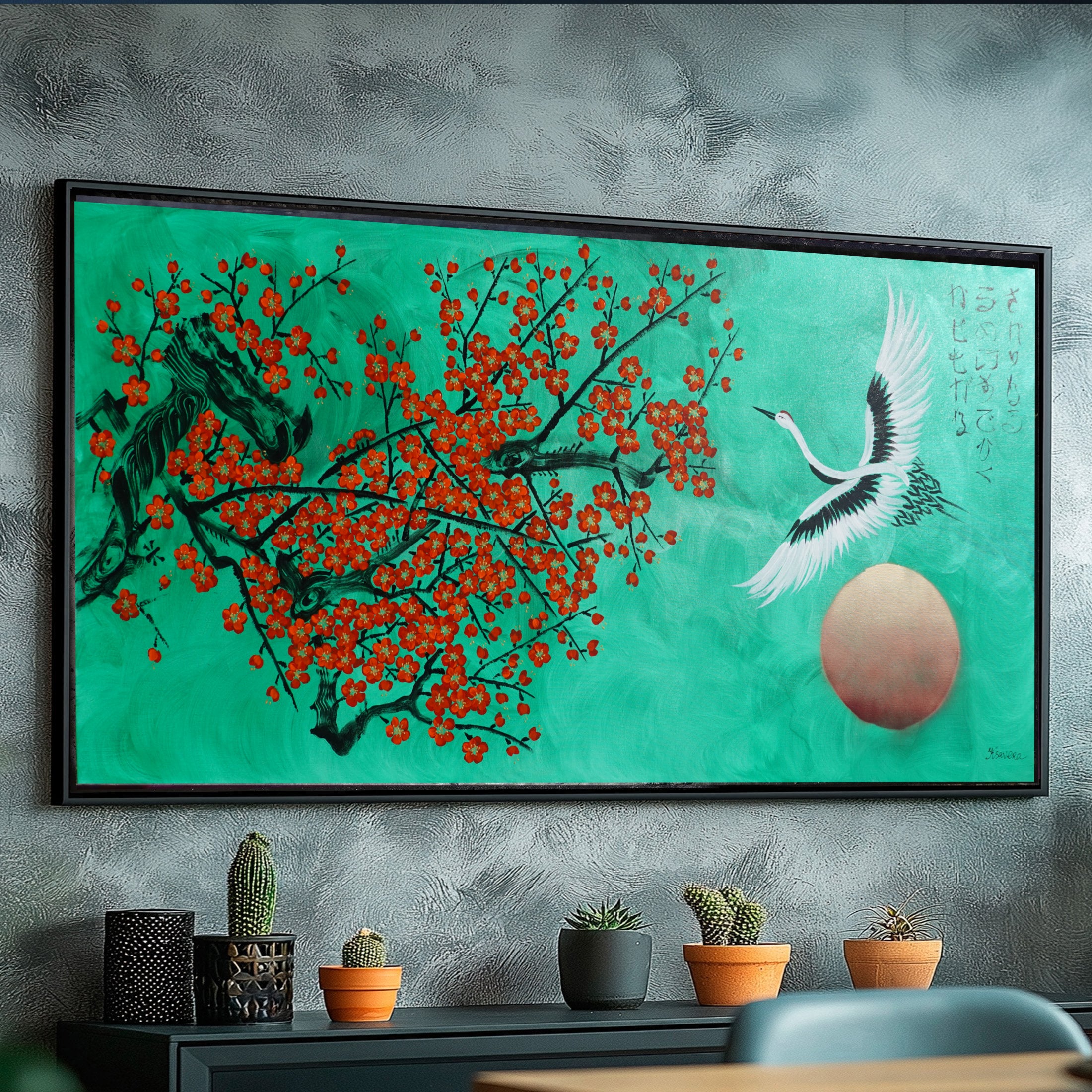 Crane and Sakura J510 — emerald Japanese Painting | Large Acrylic on Canvas | Ksavera