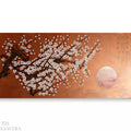 The image is a painting depicting a tree with white flowers against an copper background.