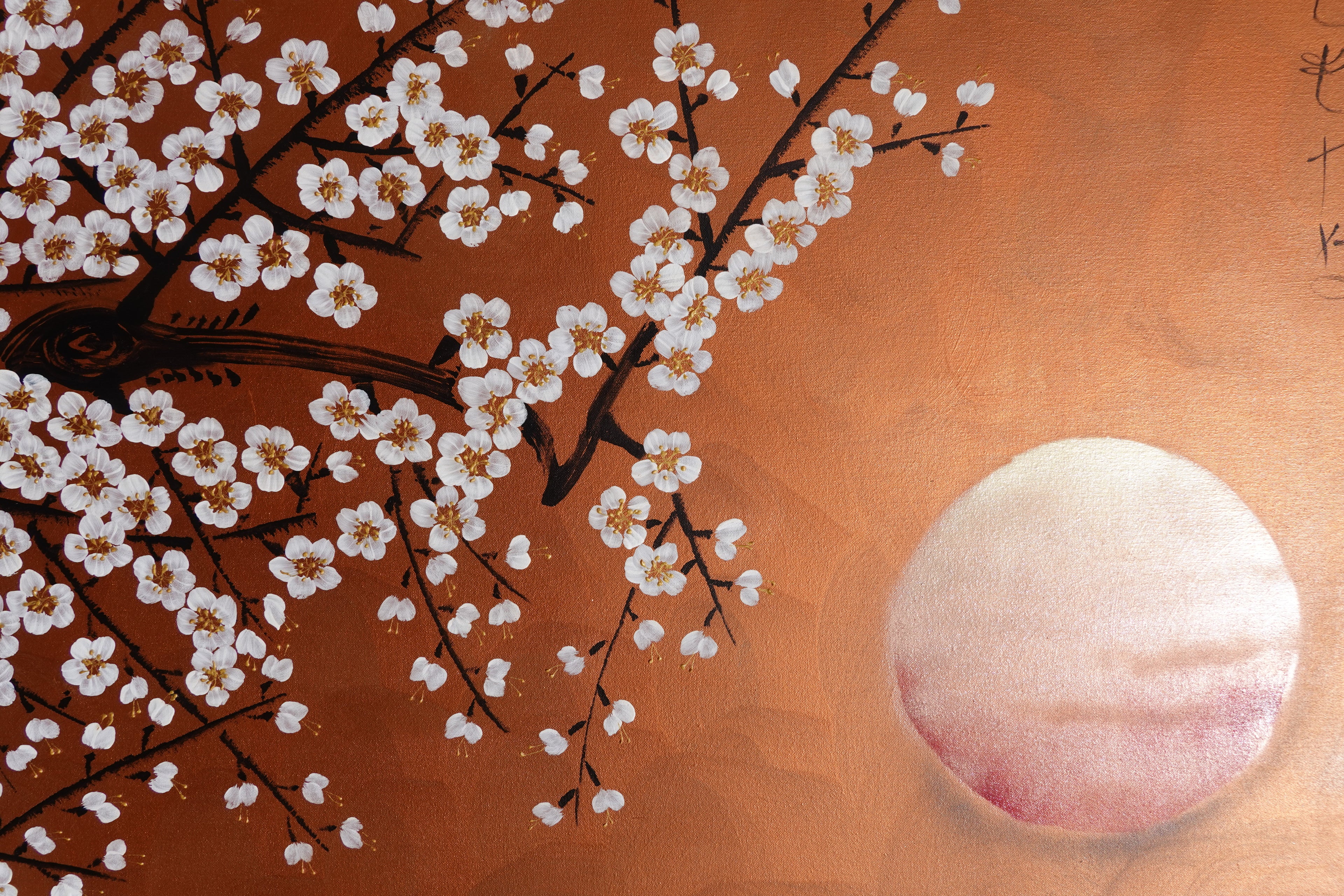 Sakura blanche J511 — Peinture japonaise cuivrée | Grande Acrylique sur toile | Ksavera