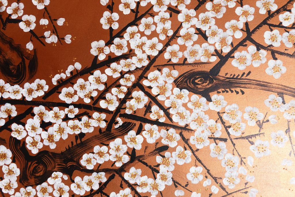 Sakura blanche J511 — Peinture japonaise cuivrée | Grande Acrylique sur toile | Ksavera