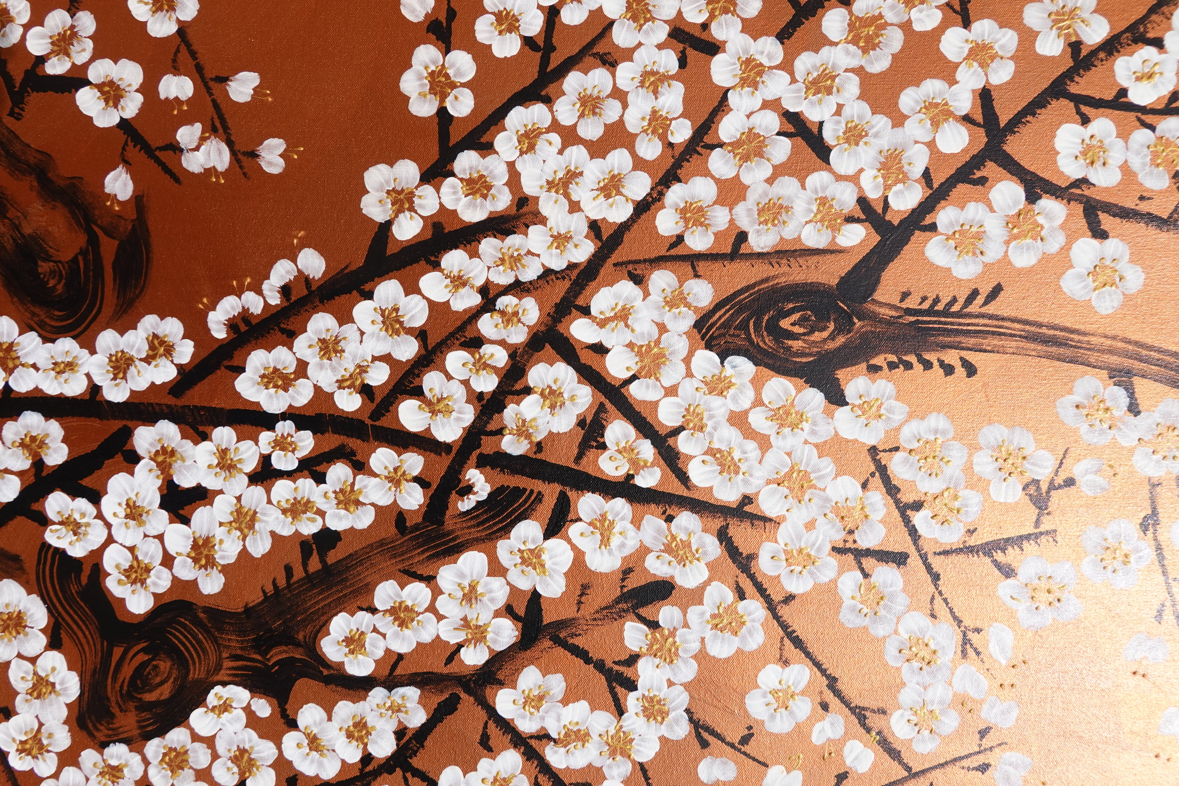 Sakura blanche J511 — Peinture japonaise cuivrée | Grande Acrylique sur toile | Ksavera