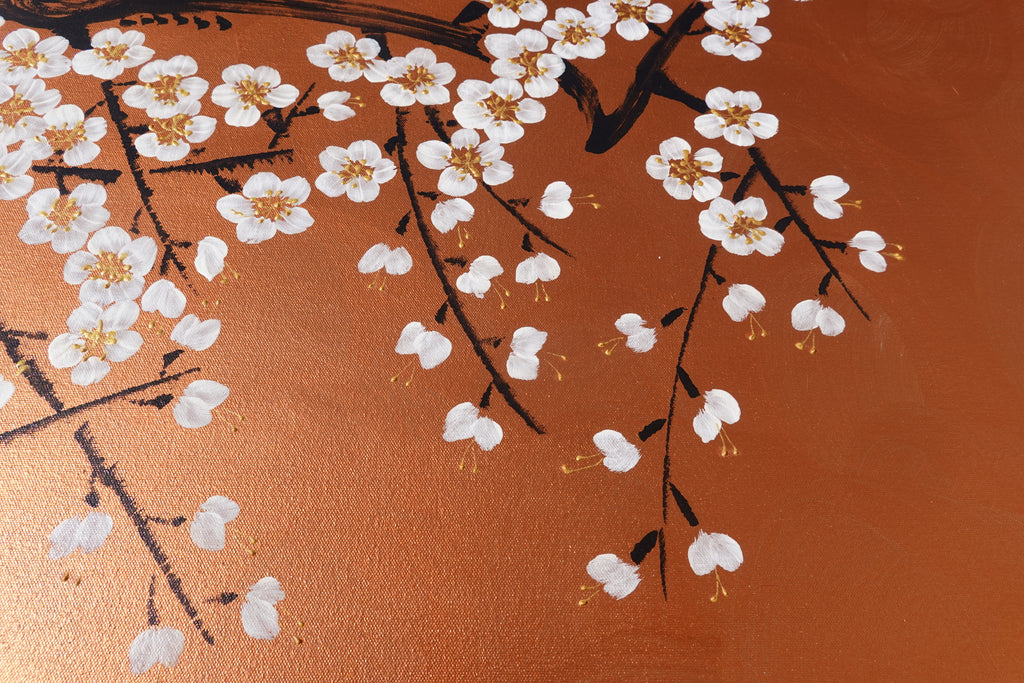 Sakura blanche J511 — Peinture japonaise cuivrée | Grande Acrylique sur toile | Ksavera