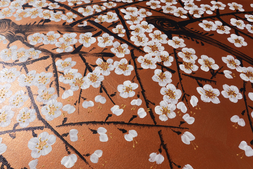 Sakura blanche J511 — Peinture japonaise cuivrée | Grande Acrylique sur toile | Ksavera