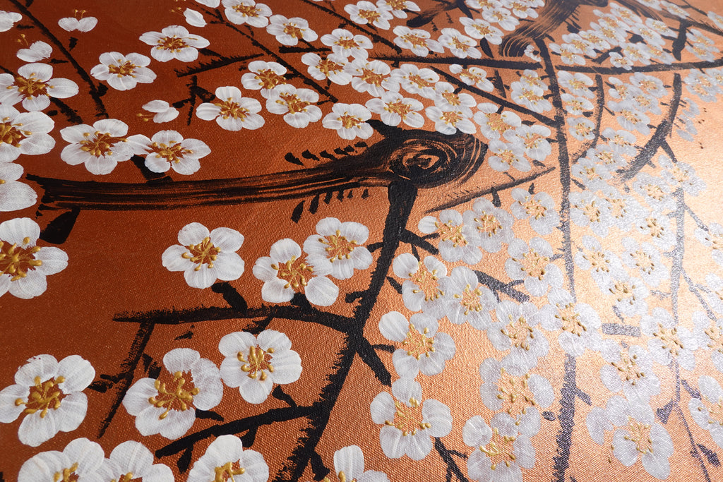 Sakura blanche J511 — Peinture japonaise cuivrée | Grande Acrylique sur toile | Ksavera
