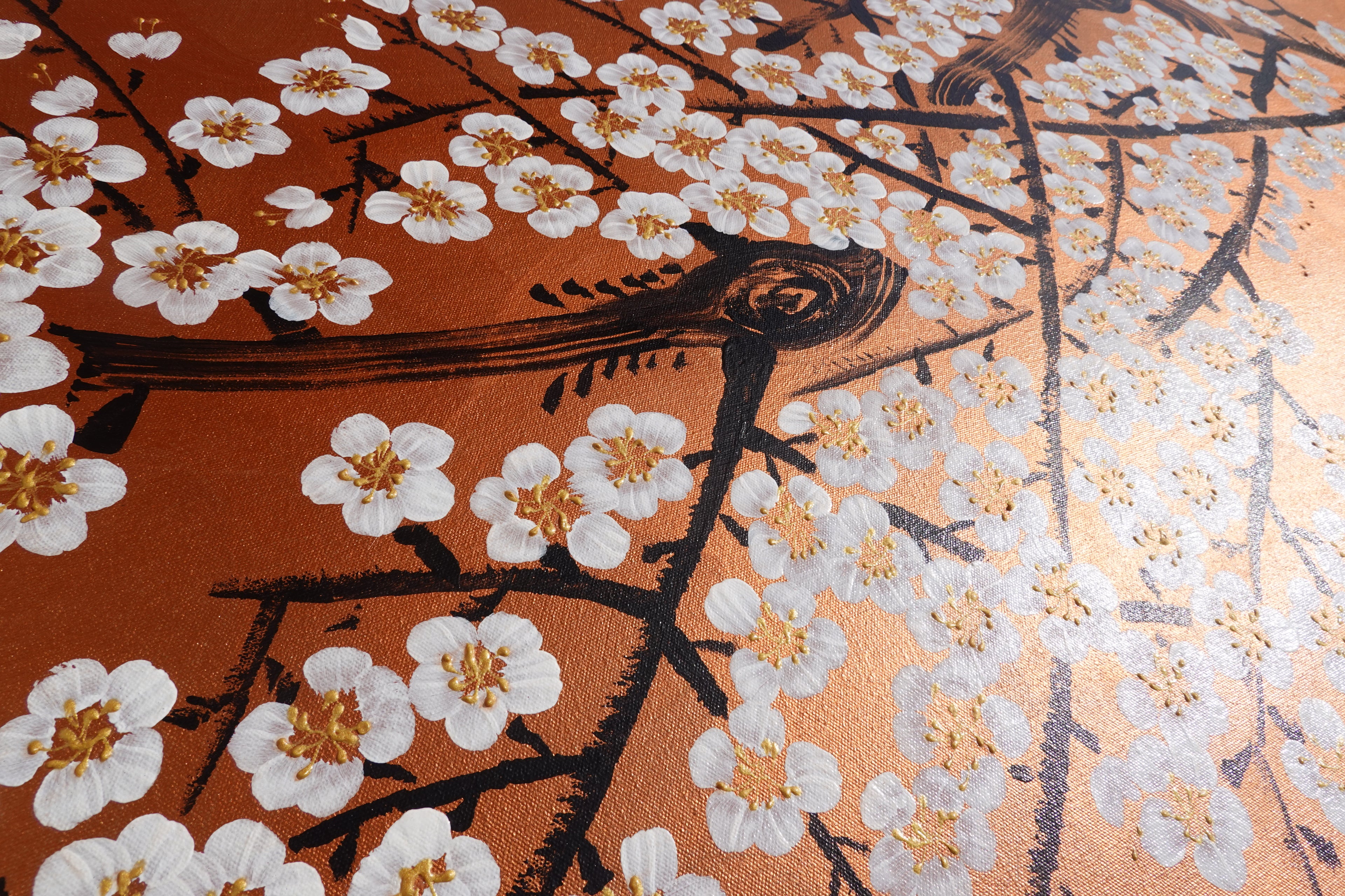 Sakura blanche J511 — Peinture japonaise cuivrée | Grande Acrylique sur toile | Ksavera