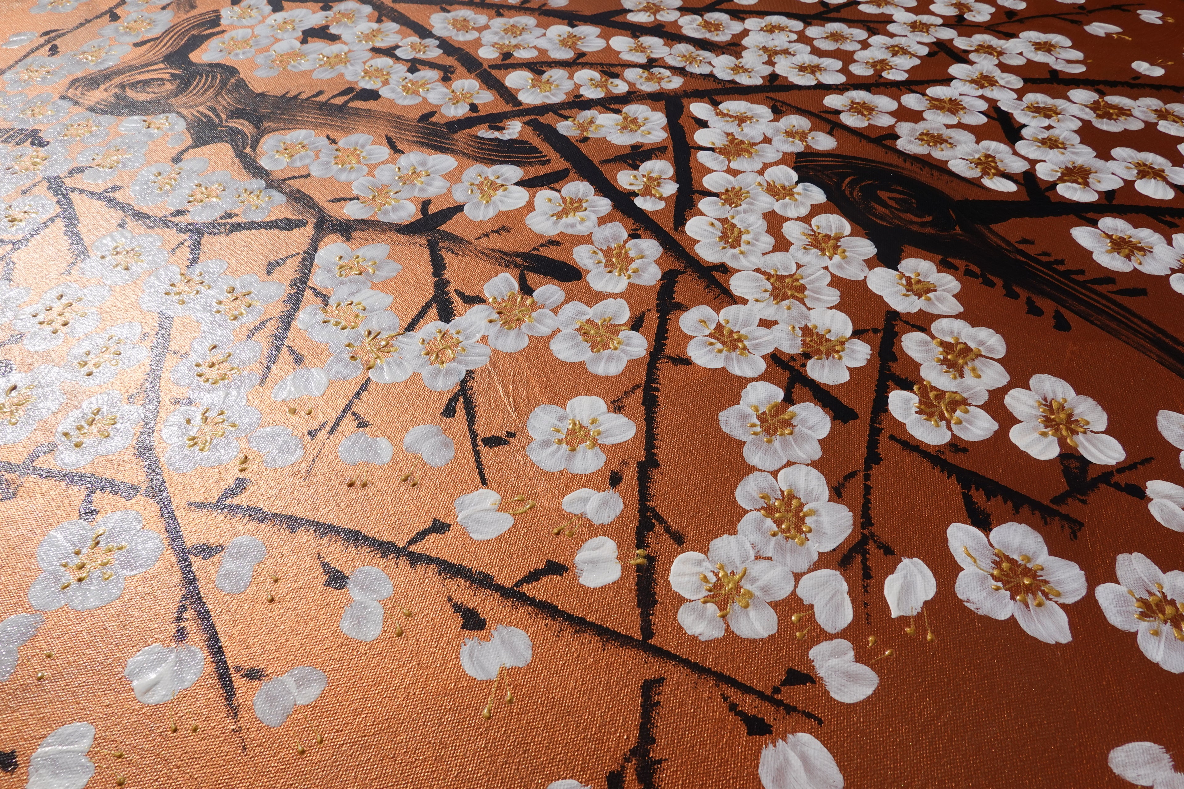 Sakura blanche J511 — Peinture japonaise cuivrée | Grande Acrylique sur toile | Ksavera
