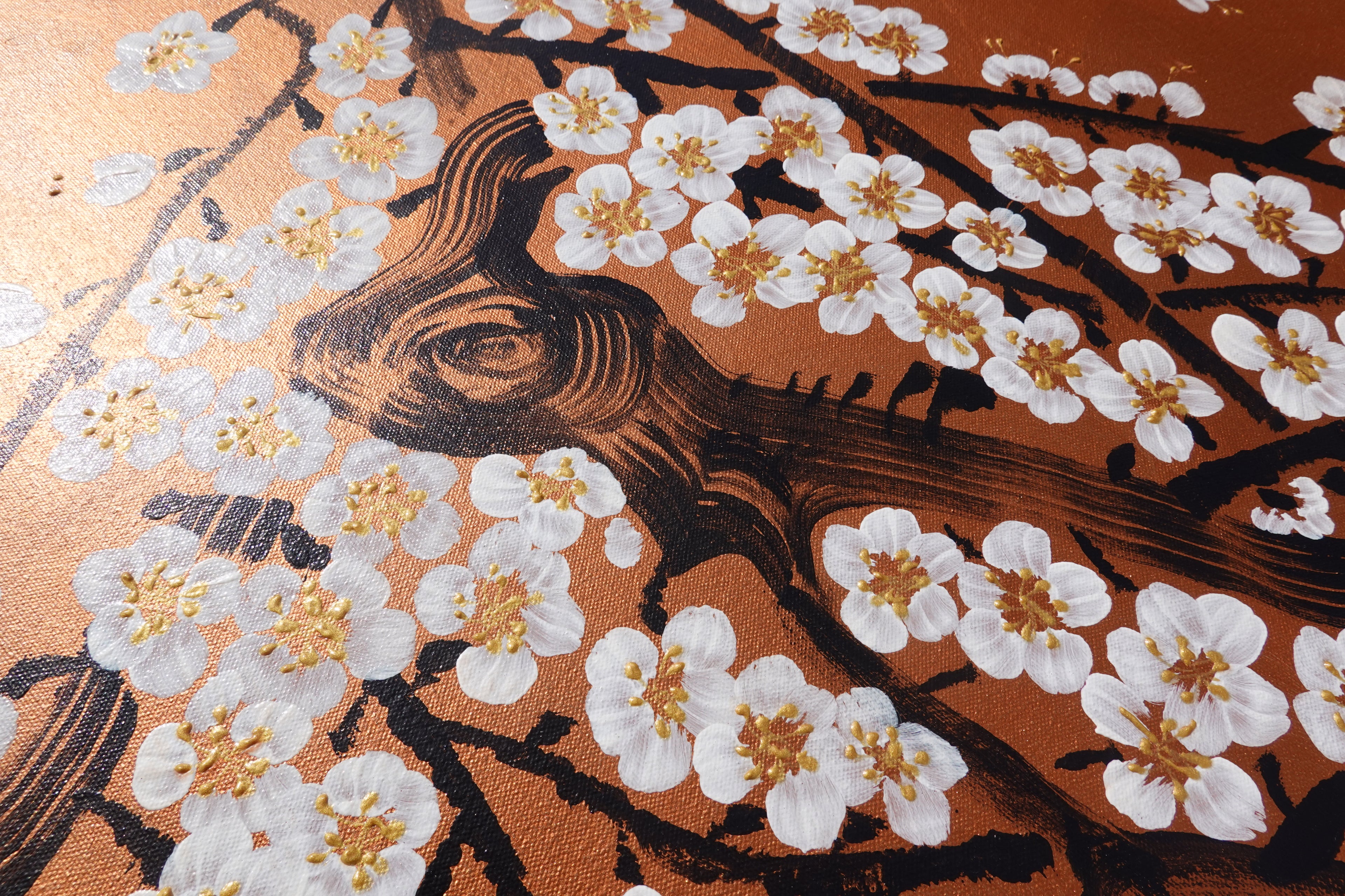 Sakura blanche J511 — Peinture japonaise cuivrée | Grande Acrylique sur toile | Ksavera