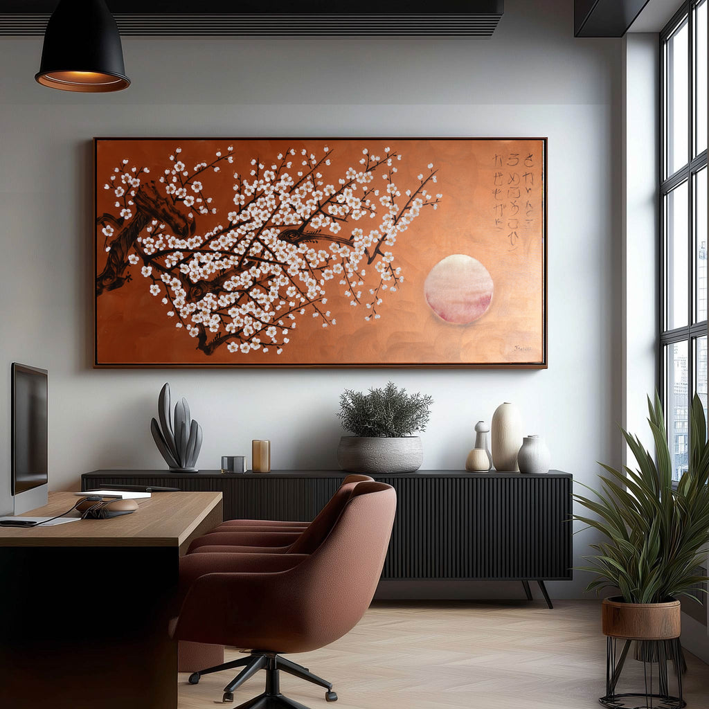 Sakura blanche J511 — Peinture japonaise cuivrée | Grande Acrylique sur toile | Ksavera
