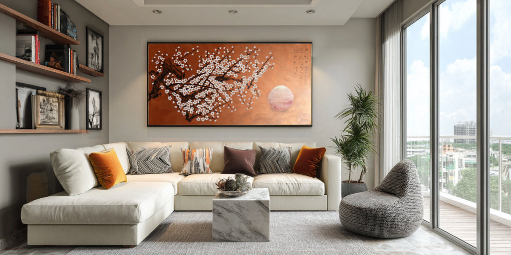 Sakura blanche J511 — Peinture japonaise cuivrée | Grande Acrylique sur toile | Ksavera