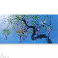 The image is a painting depicting a tree with purple flowers and birds perched on its branches.