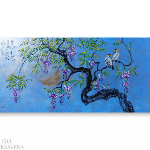 The image is a painting depicting a tree with purple flowers and birds perched on its branches.