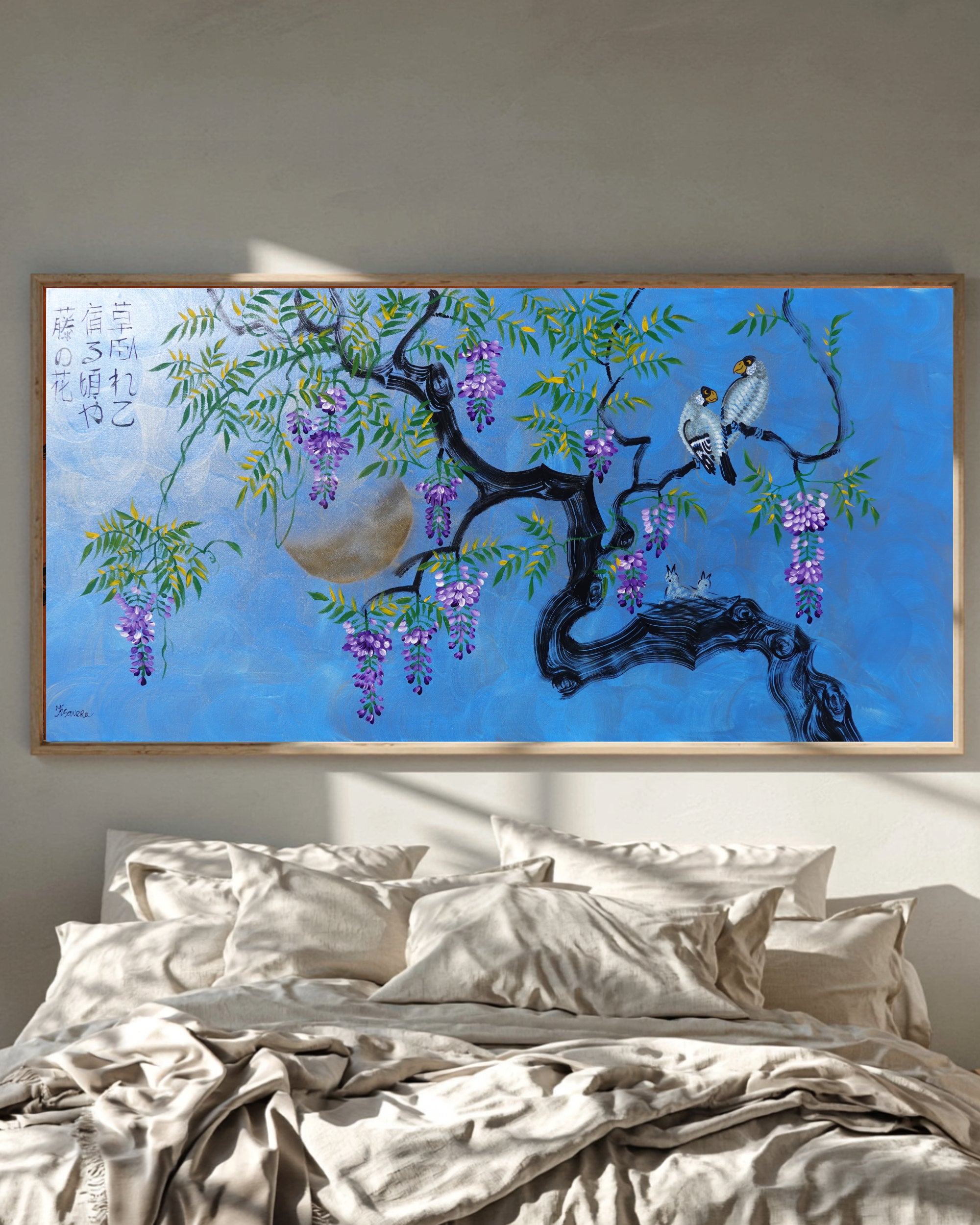 Oiseaux et glycine J513 — Peinture japonaise bleue | Grande acrylique sur toile | Ksavera