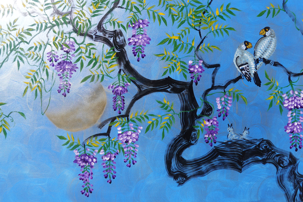 Oiseaux et glycine J513 — Peinture japonaise bleue | Grande acrylique sur toile | Ksavera