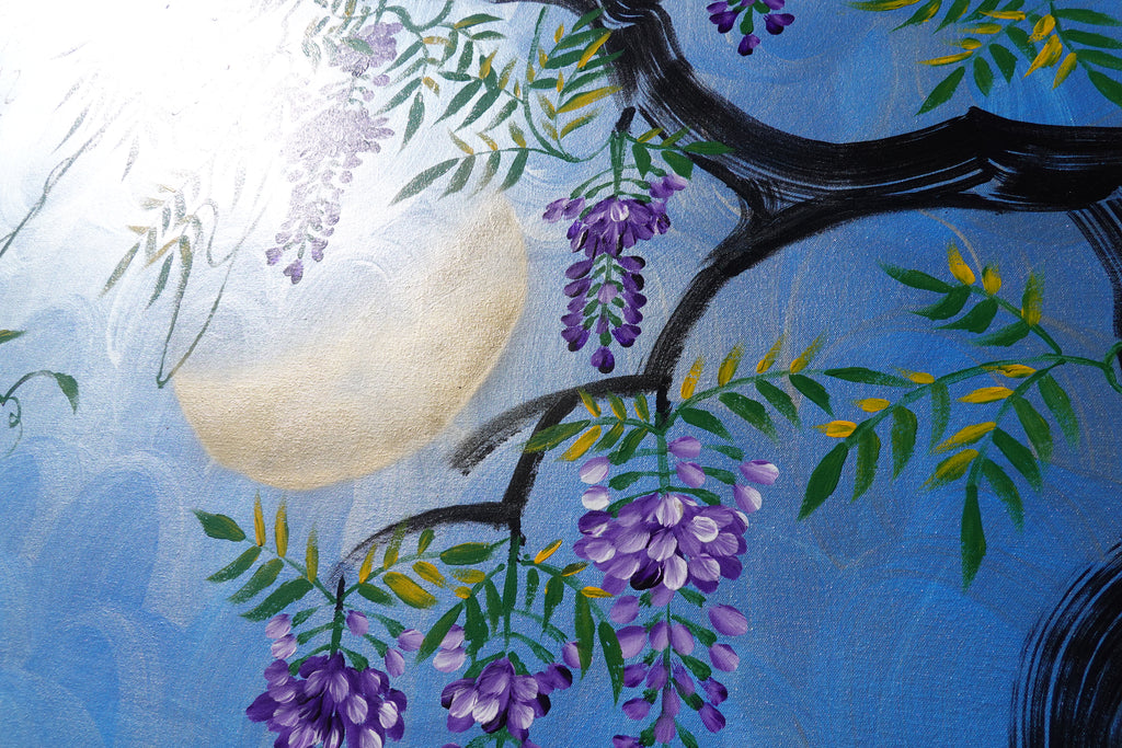 Oiseaux et glycine J513 — Peinture japonaise bleue | Grande acrylique sur toile | Ksavera