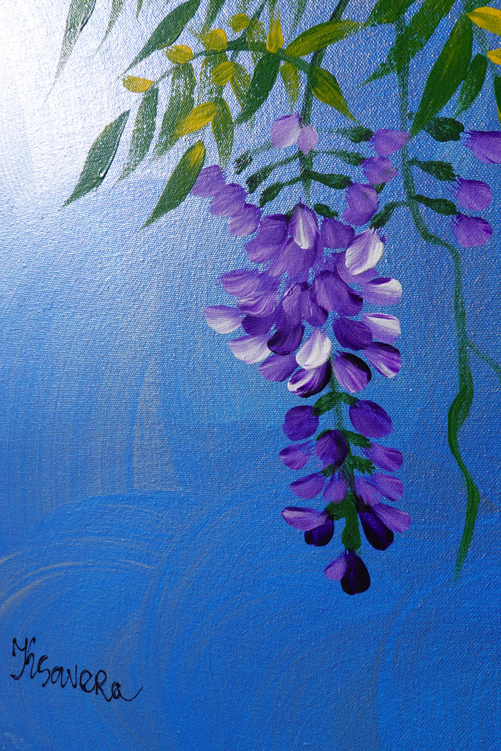 Oiseaux et glycine J513 — Peinture japonaise bleue | Grande acrylique sur toile | Ksavera