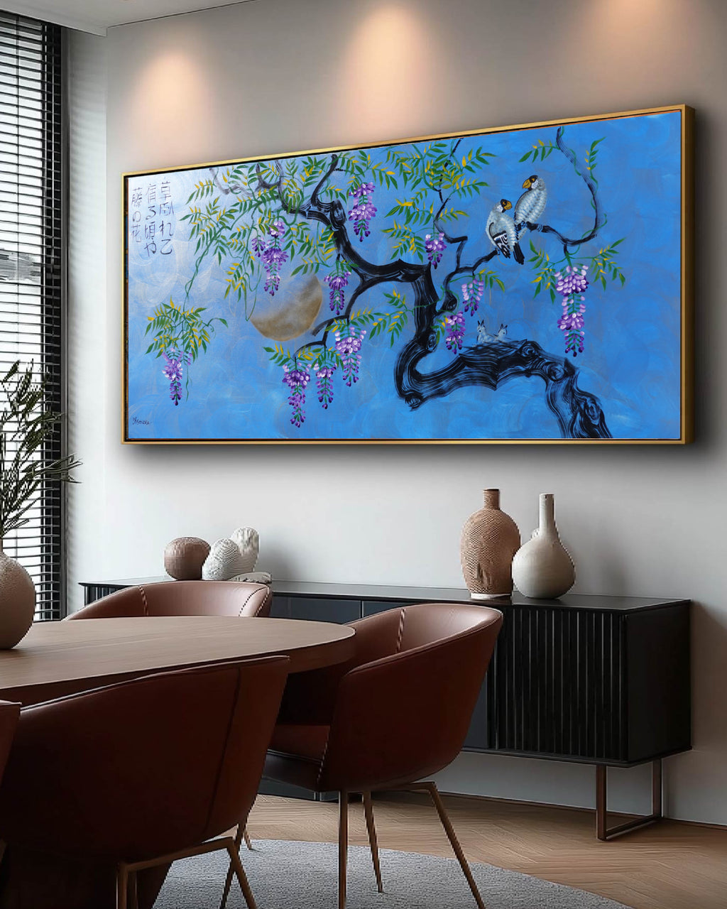 Oiseaux et glycine J513 — Peinture japonaise bleue | Grande acrylique sur toile | Ksavera