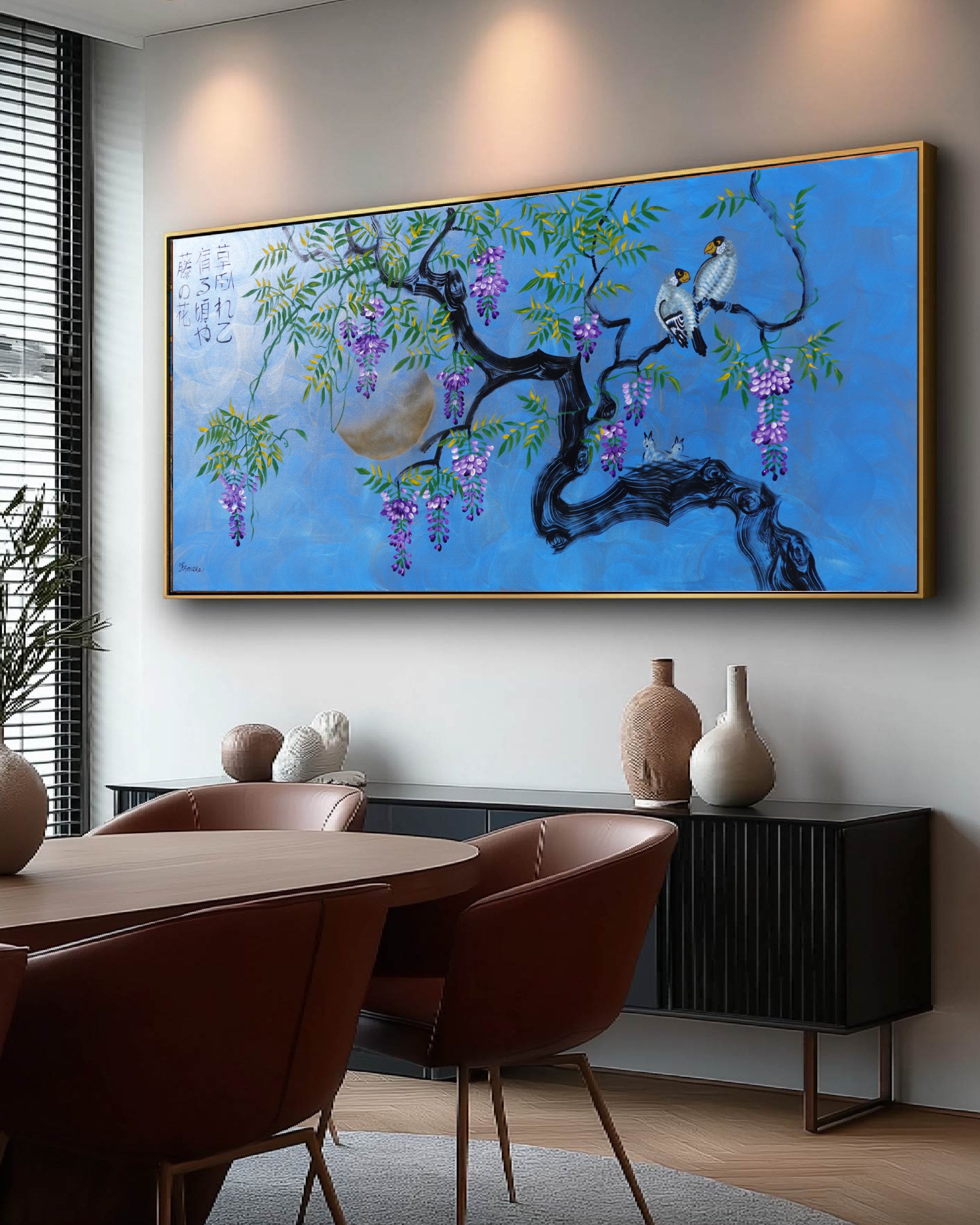Oiseaux et glycine J513 — Peinture japonaise bleue | Grande acrylique sur toile | Ksavera