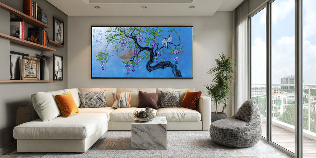 Oiseaux et glycine J513 — Peinture japonaise bleue | Grande acrylique sur toile | Ksavera