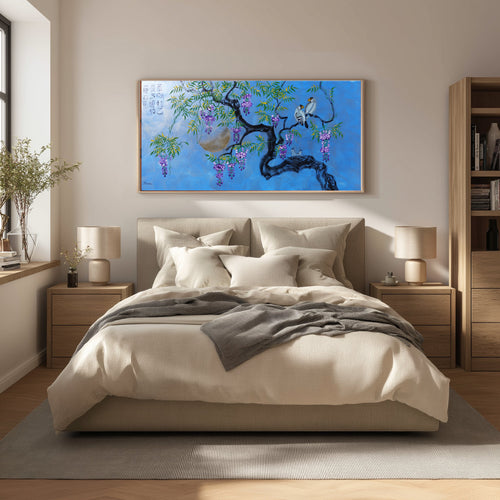 Birds and wisteria J513 — blue Japanese Painting | Large Acrylic on Canvas | Ksavera