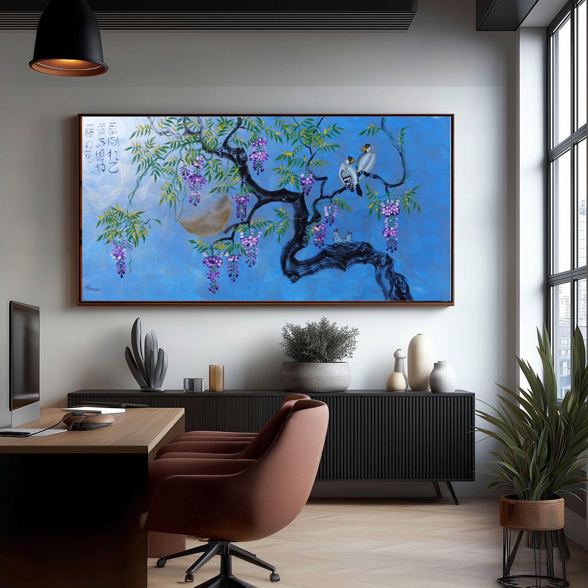 Oiseaux et glycine J513 — Peinture japonaise bleue | Grande acrylique sur toile | Ksavera