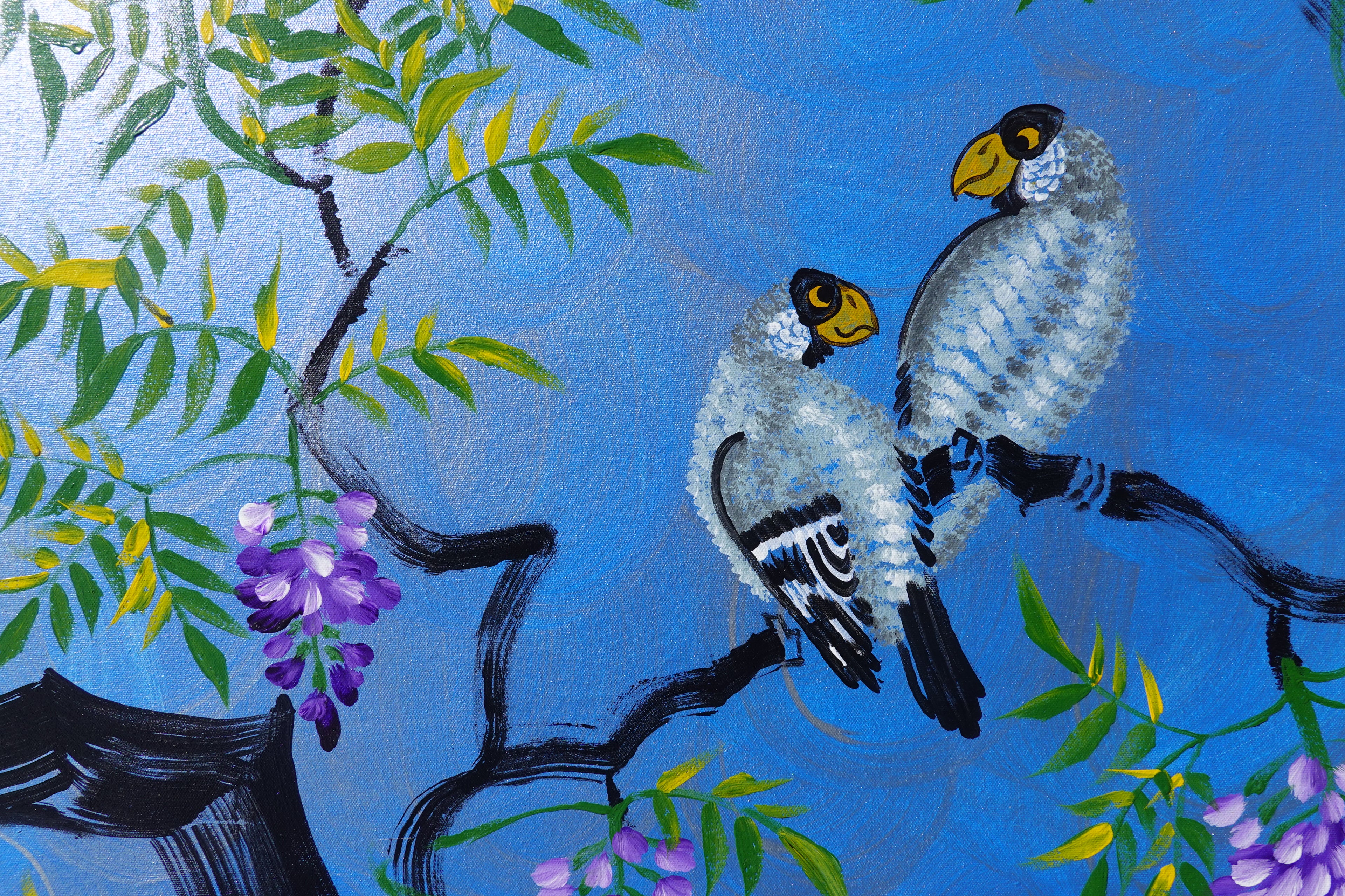 Oiseaux et glycine J513 — Peinture japonaise bleue | Grande acrylique sur toile | Ksavera