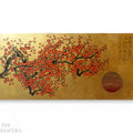The image is a large painting depicting a cherry blossom tree with red flowers against a golden background.