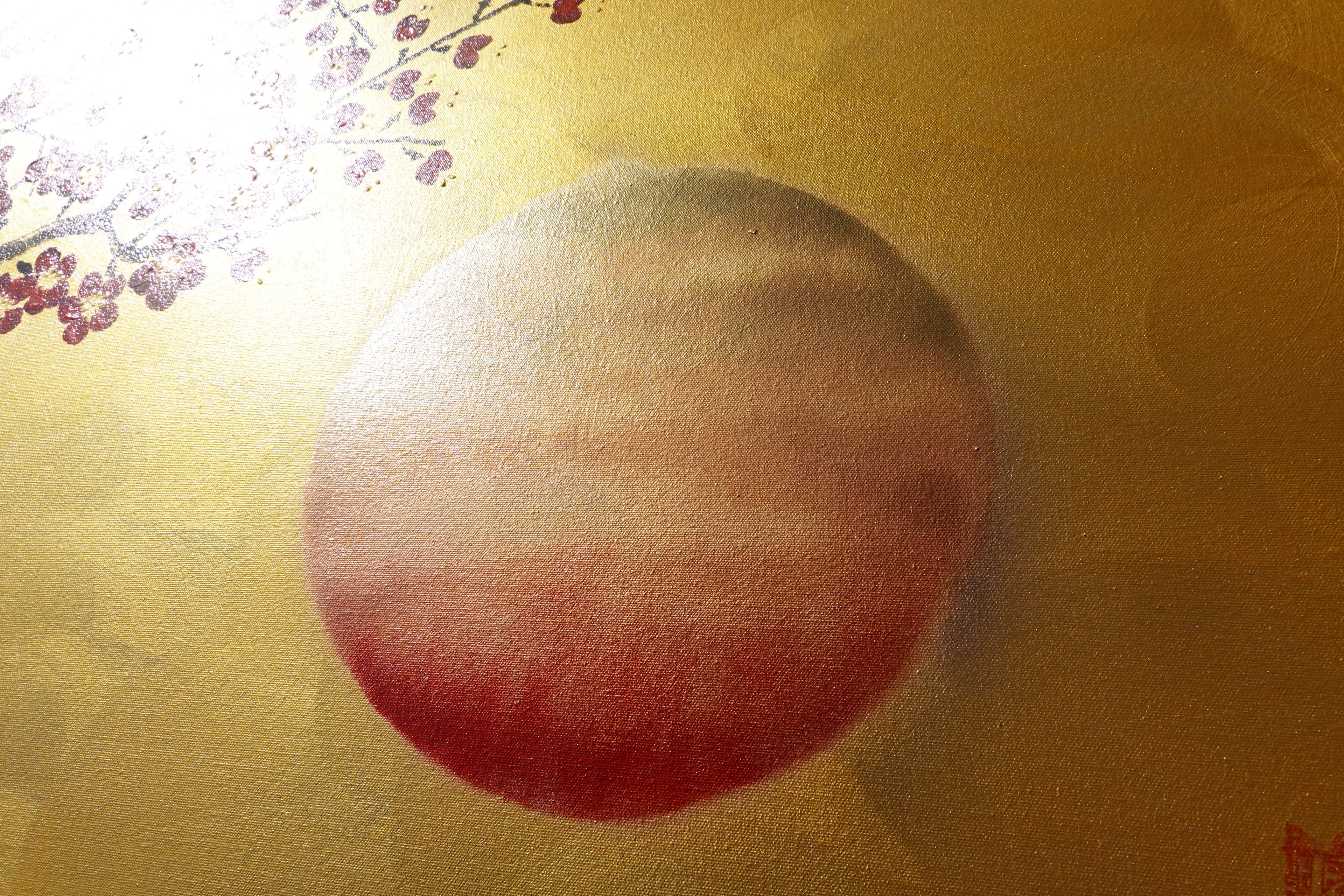 Red Sakura J514 — tableau japonais doré | Grande acrylique sur toile | Ksavera