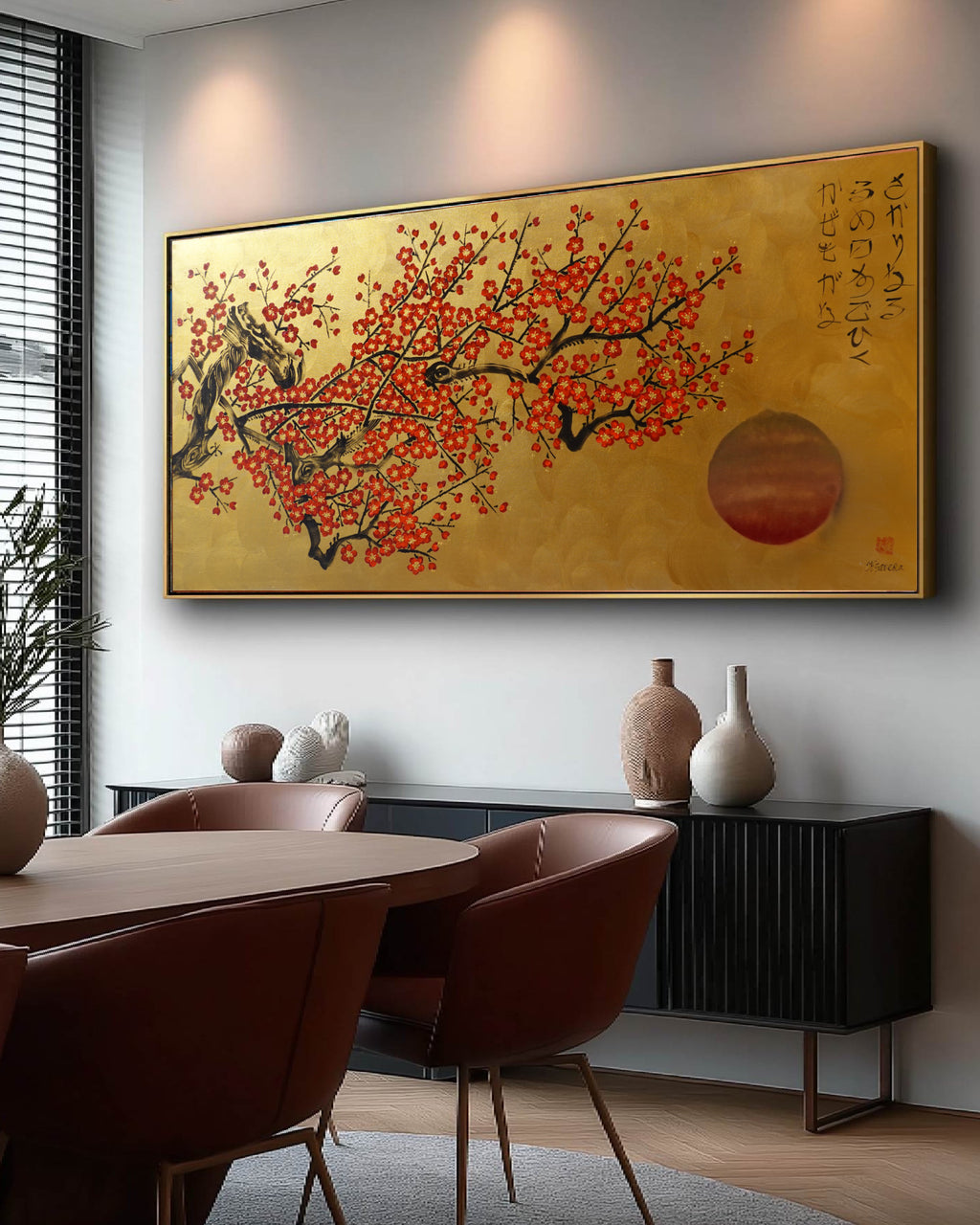Red Sakura J514 — tableau japonais doré | Grande acrylique sur toile | Ksavera