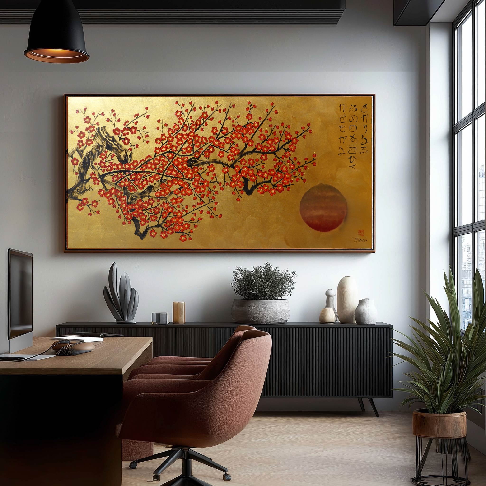 Red Sakura J514 — tableau japonais doré | Grande acrylique sur toile | Ksavera