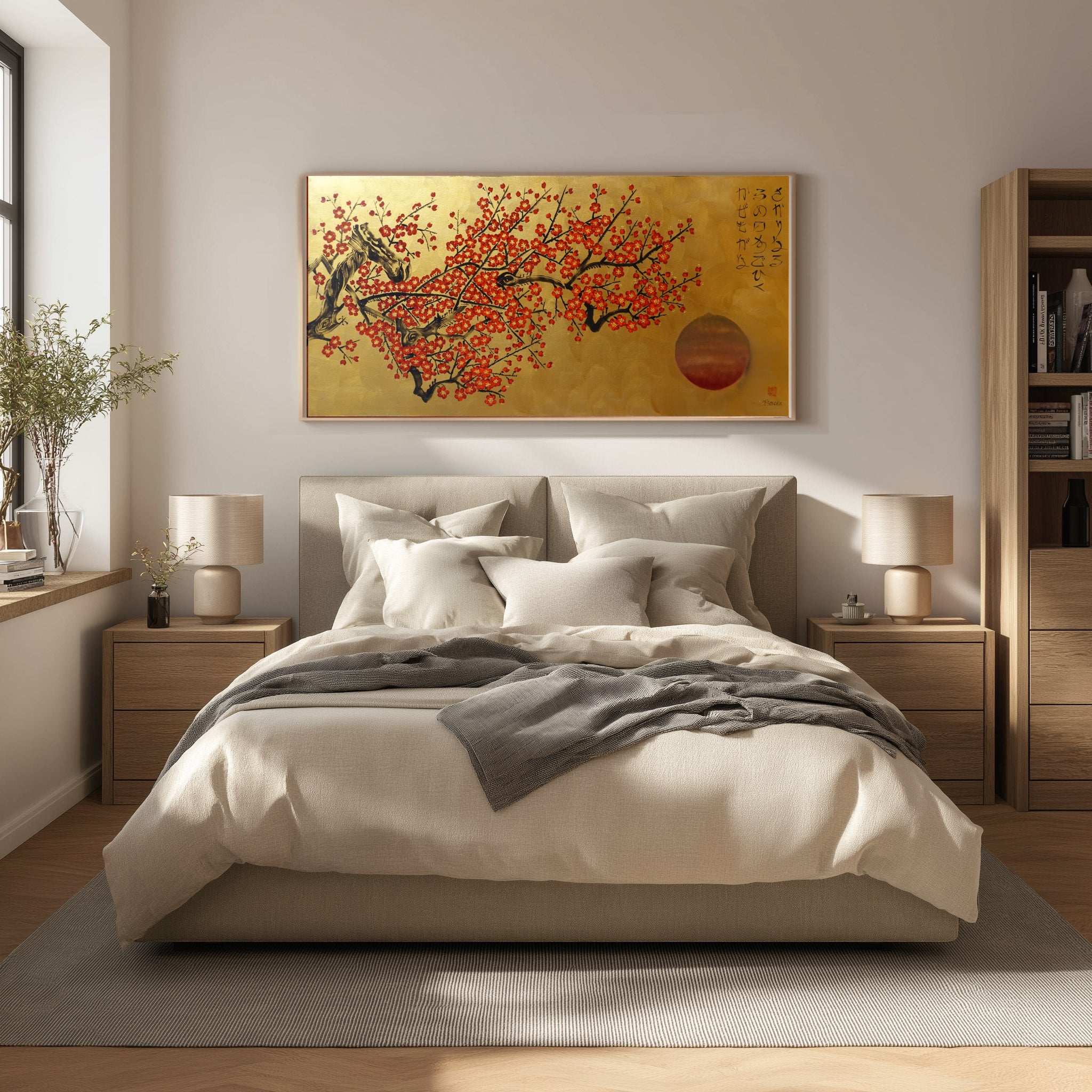 Red Sakura J514 — tableau japonais doré | Grande acrylique sur toile | Ksavera