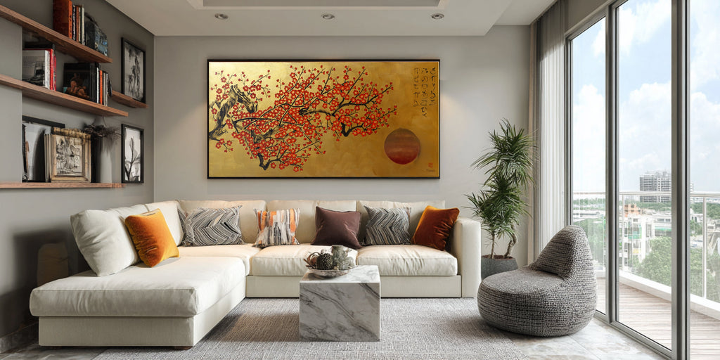 Red Sakura J514 — tableau japonais doré | Grande acrylique sur toile | Ksavera