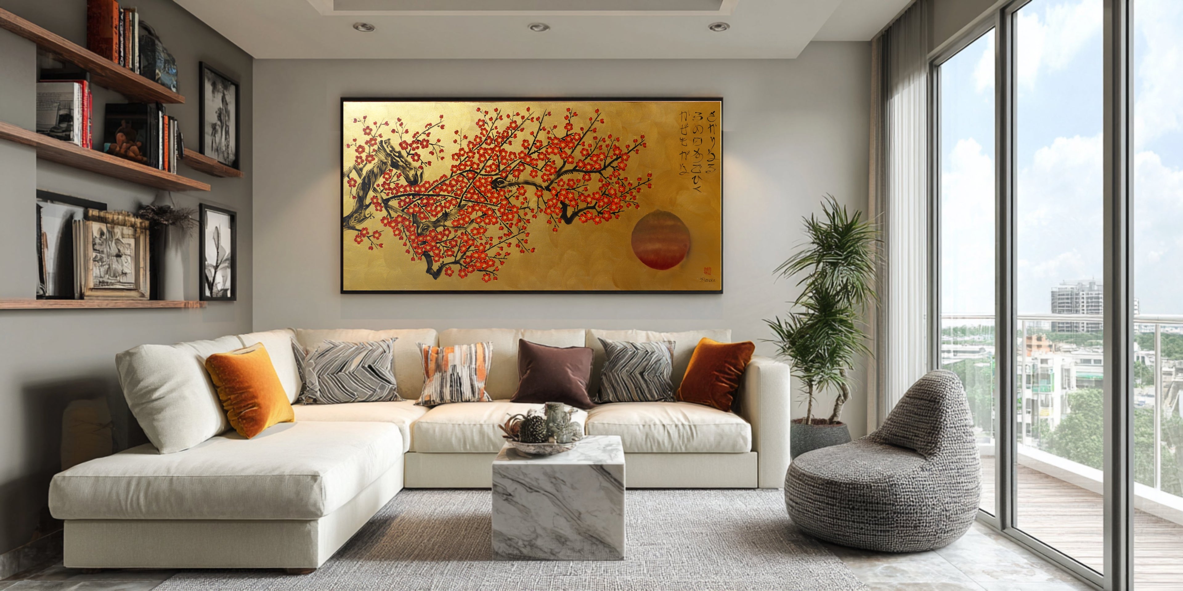 Red Sakura J514 — tableau japonais doré | Grande acrylique sur toile | Ksavera