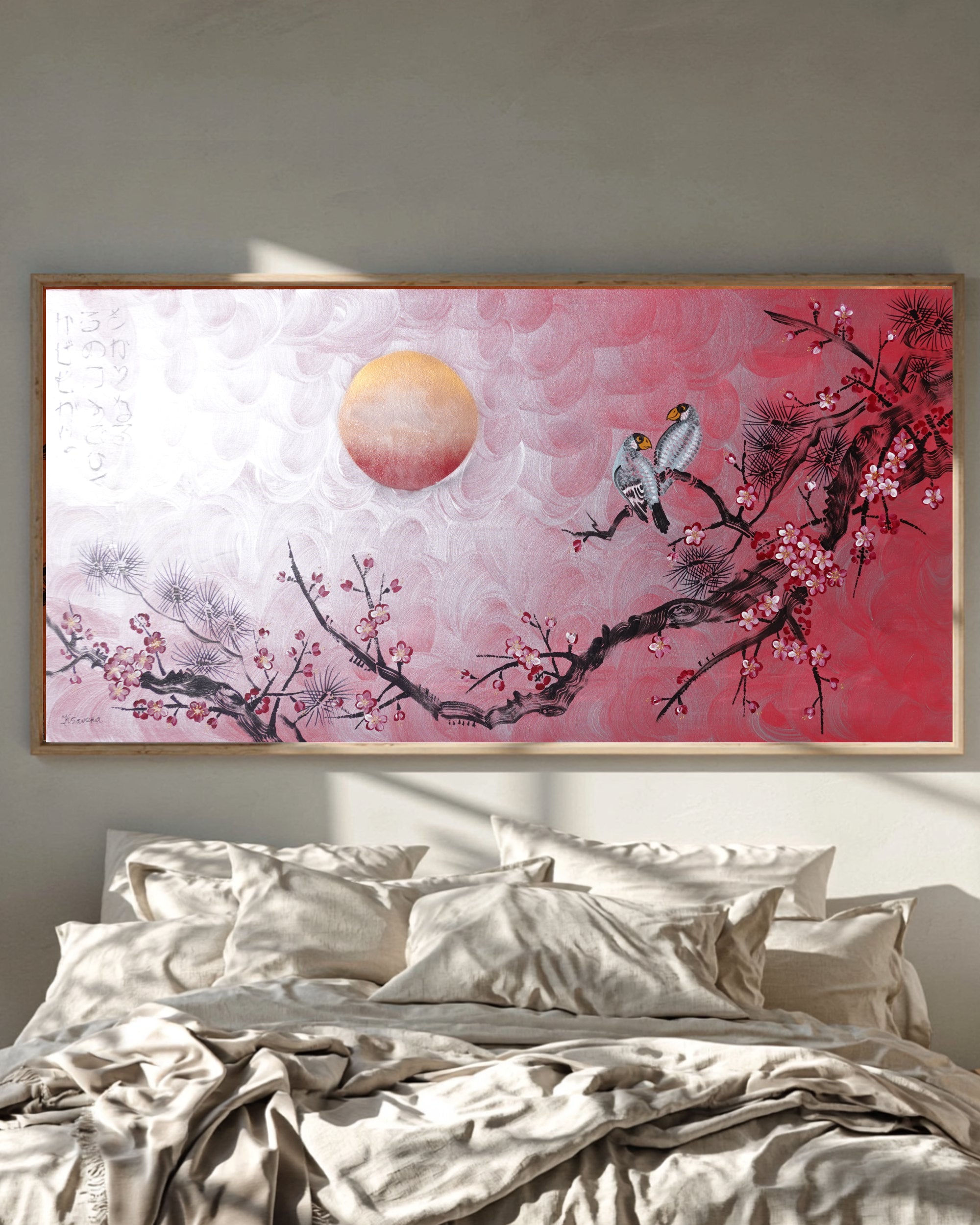 Sakura japonais J515 — Peinture acrylique originale | Grand tableau argenté et rouge | Ksavera