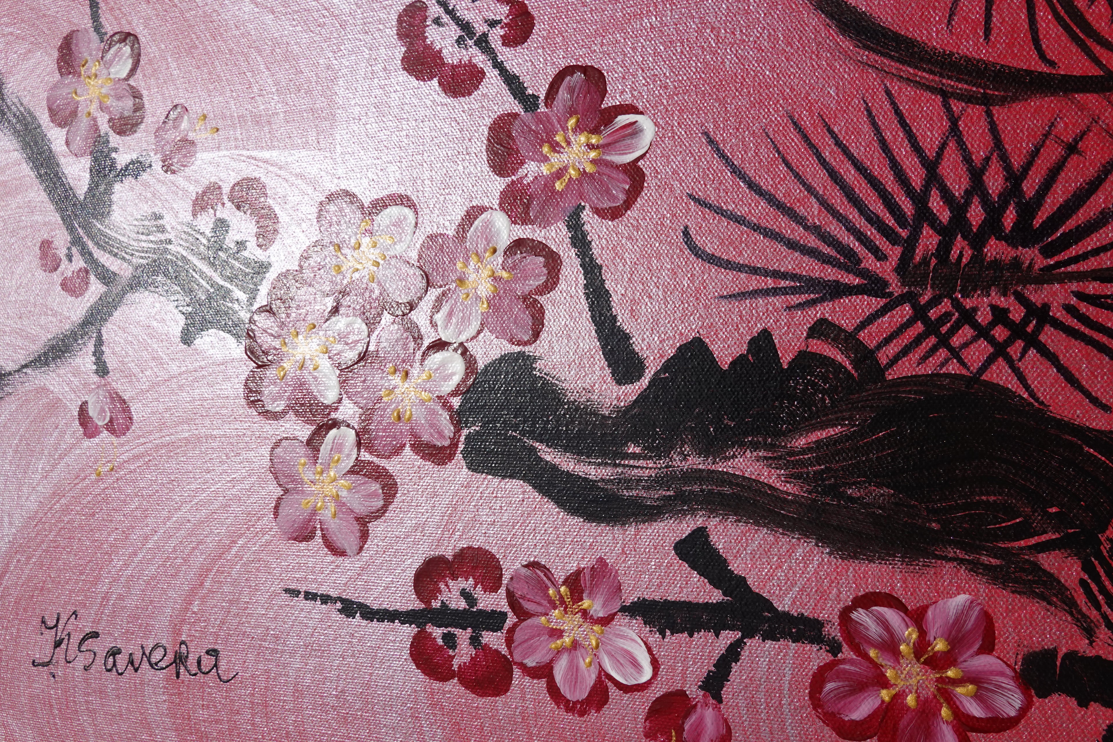 Sakura japonais J515 — Peinture acrylique originale | Grand tableau argenté et rouge | Ksavera