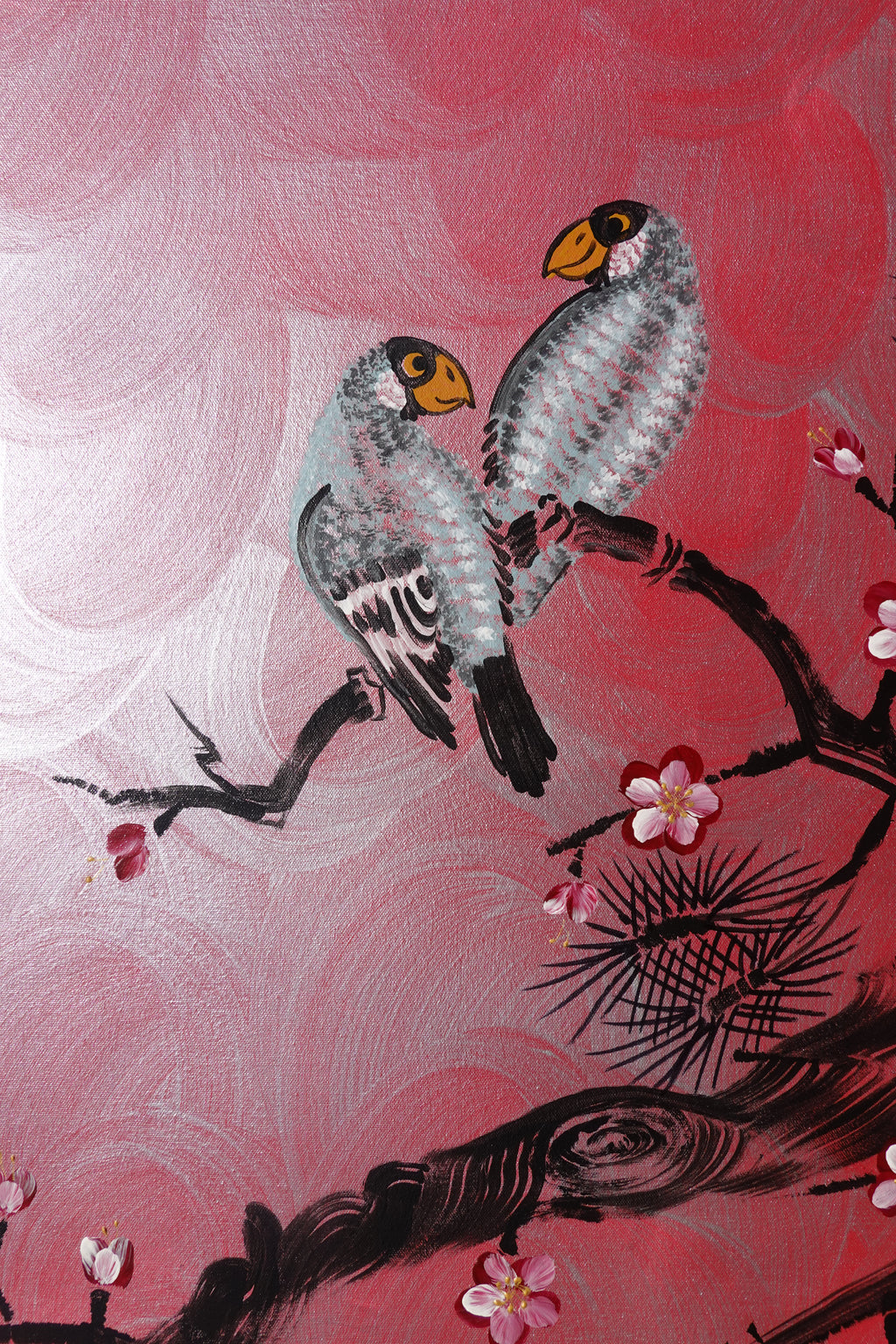 Sakura japonais J515 — Peinture acrylique originale | Grand tableau argenté et rouge | Ksavera