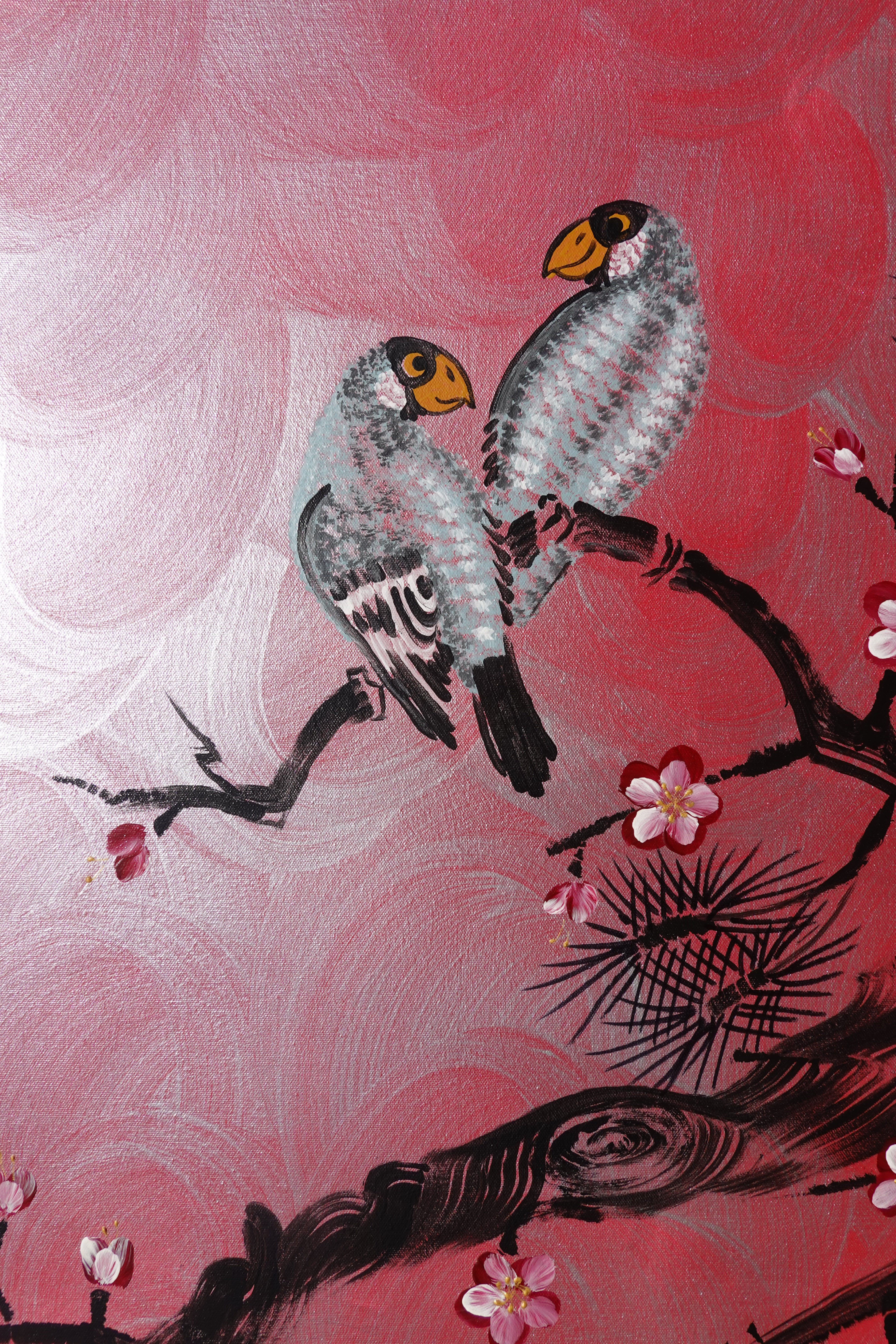 Sakura japonais J515 — Peinture acrylique originale | Grand tableau argenté et rouge | Ksavera