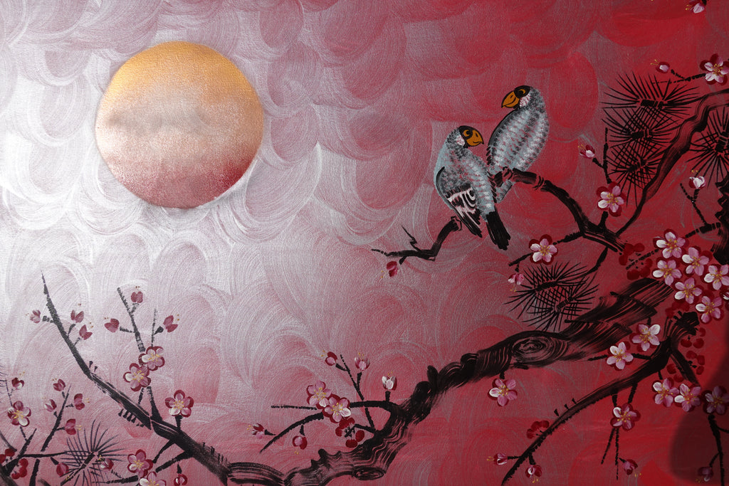 Sakura japonais J515 — Peinture acrylique originale | Grand tableau argenté et rouge | Ksavera