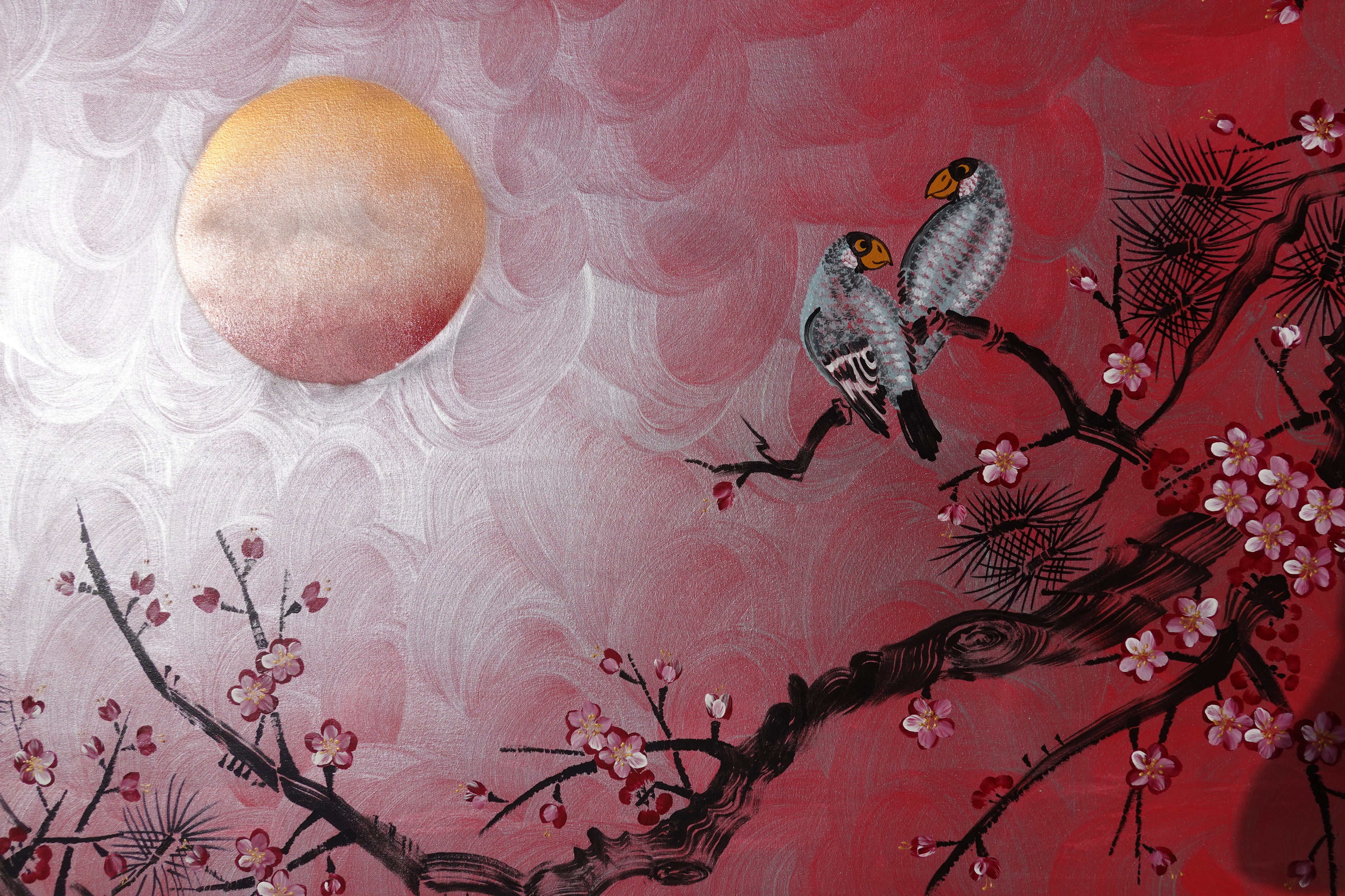 Sakura japonais J515 — Peinture acrylique originale | Grand tableau argenté et rouge | Ksavera