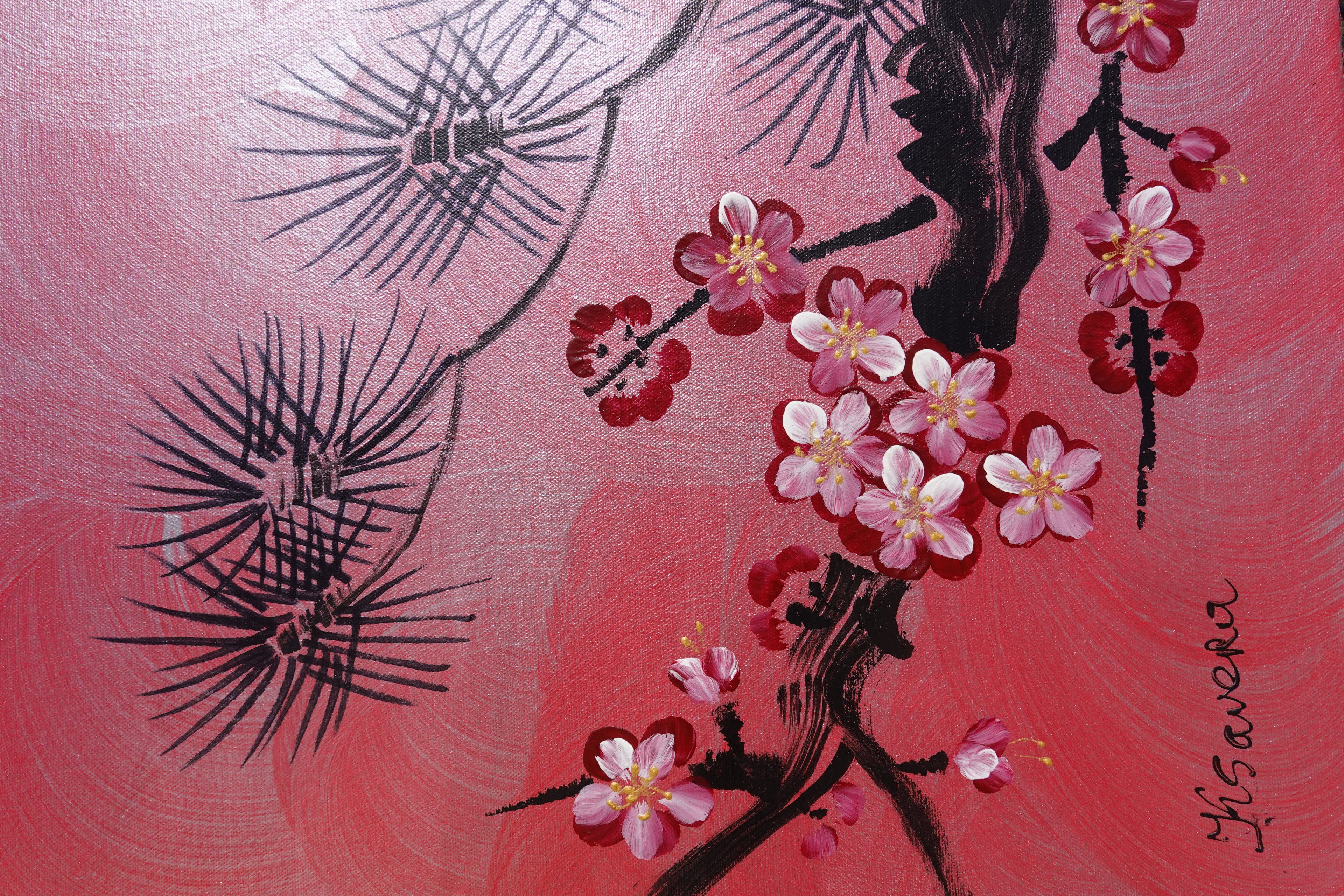 Sakura japonais J515 — Peinture acrylique originale | Grand tableau argenté et rouge | Ksavera