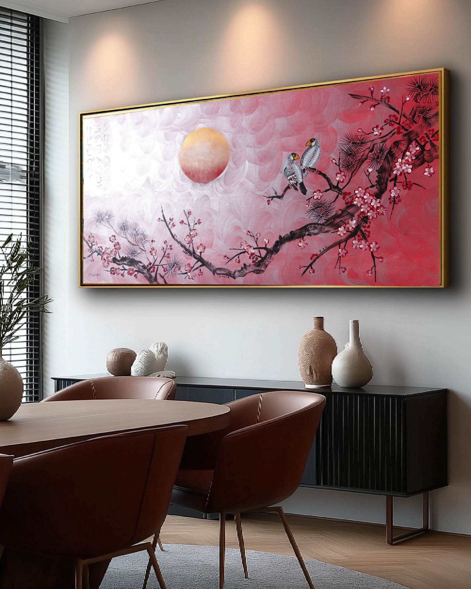 Sakura japonais J515 — Peinture acrylique originale | Grand tableau argenté et rouge | Ksavera