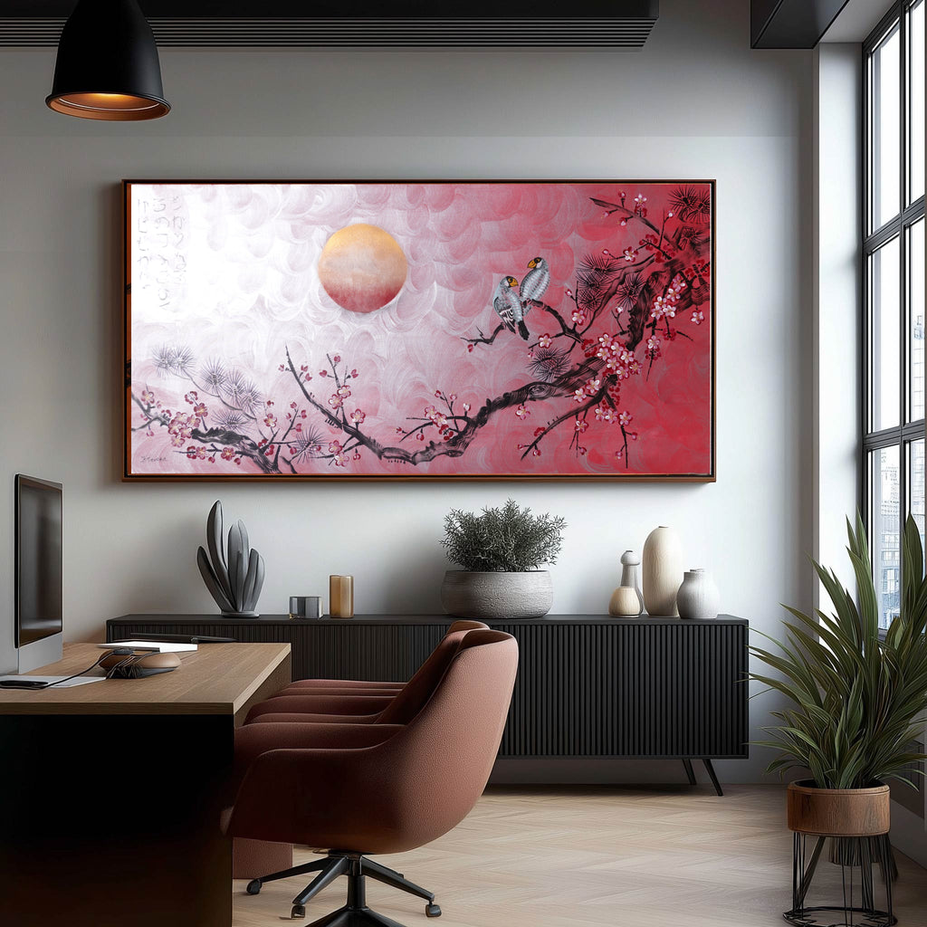 Sakura japonais J515 — Peinture acrylique originale | Grand tableau argenté et rouge | Ksavera