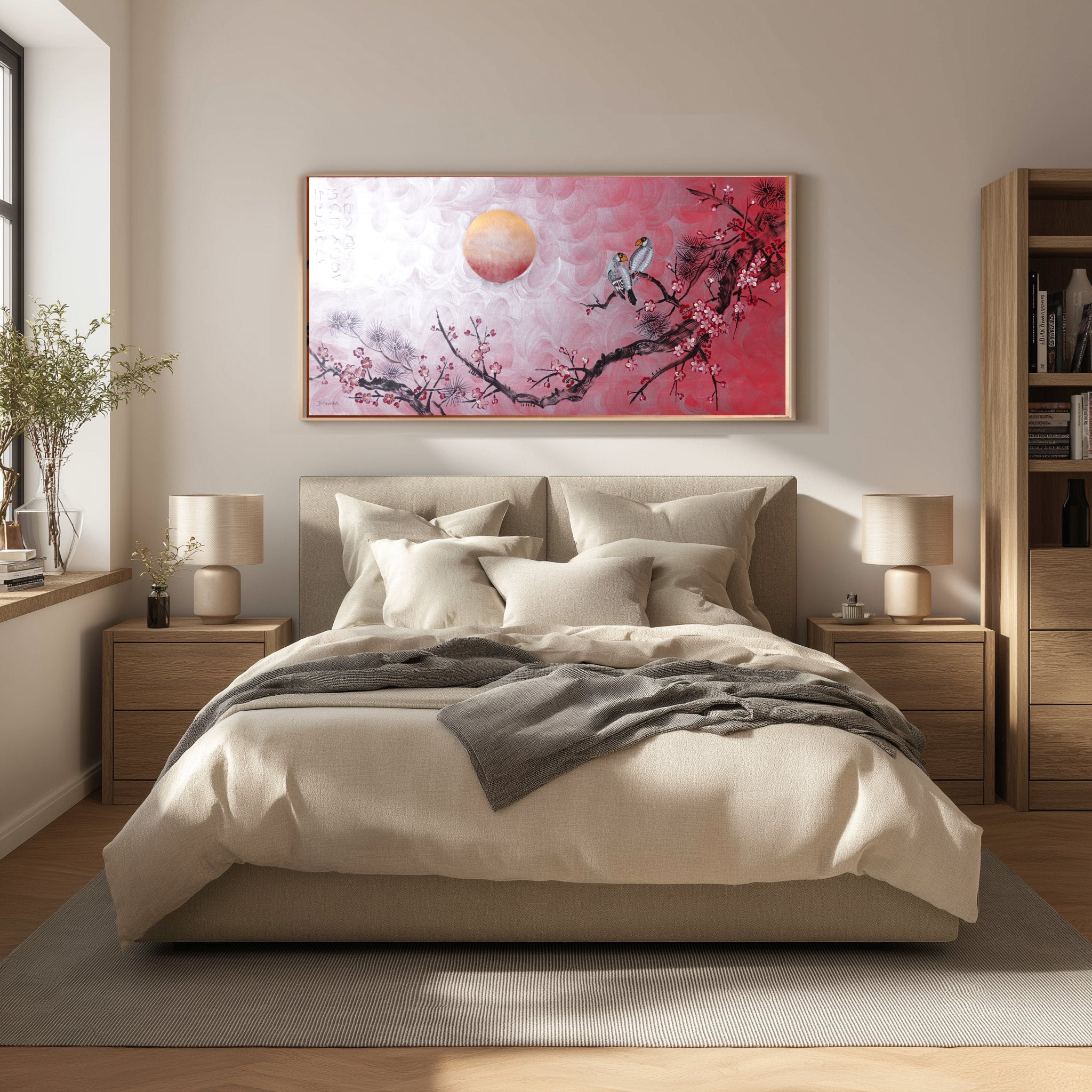 Sakura japonais J515 — Peinture acrylique originale | Grand tableau argenté et rouge | Ksavera