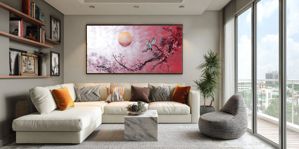 Sakura japonais J515 — Peinture acrylique originale | Grand tableau argenté et rouge | Ksavera