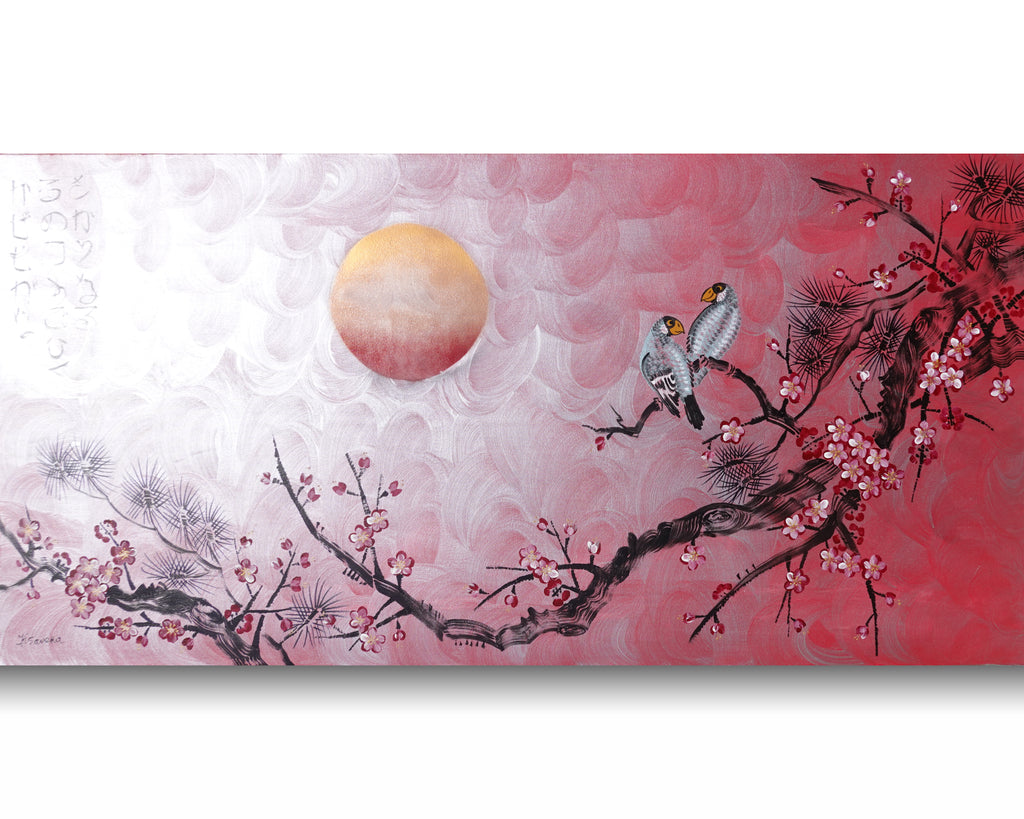 Sakura japonais J515 — Peinture acrylique originale | Grand tableau argenté et rouge | Ksavera