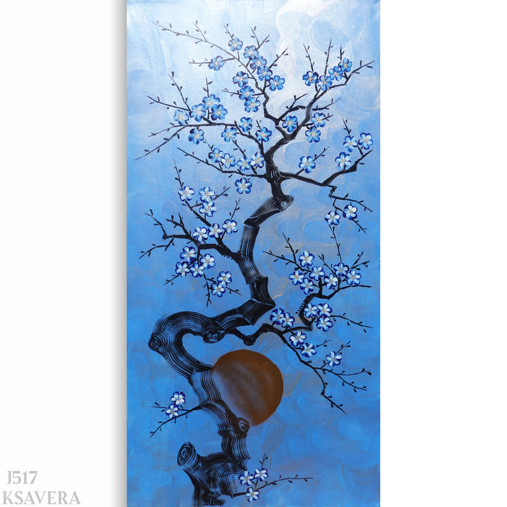 a branch with blue flowers against a blue background.