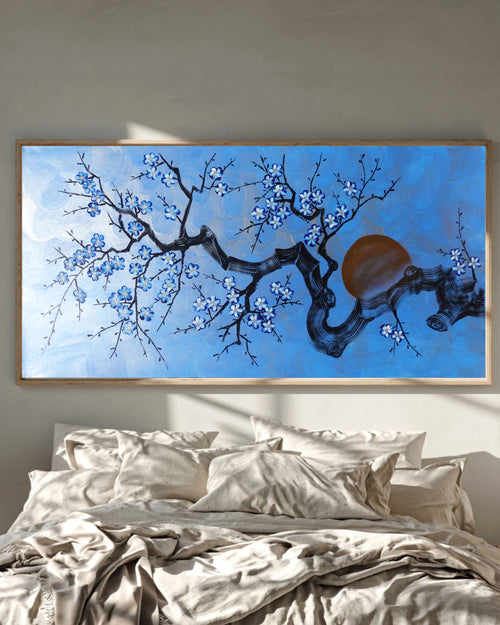 Cherry blossoms J517 — blue Japanese Painting | Large Acrylic on Canvas | Ksavera